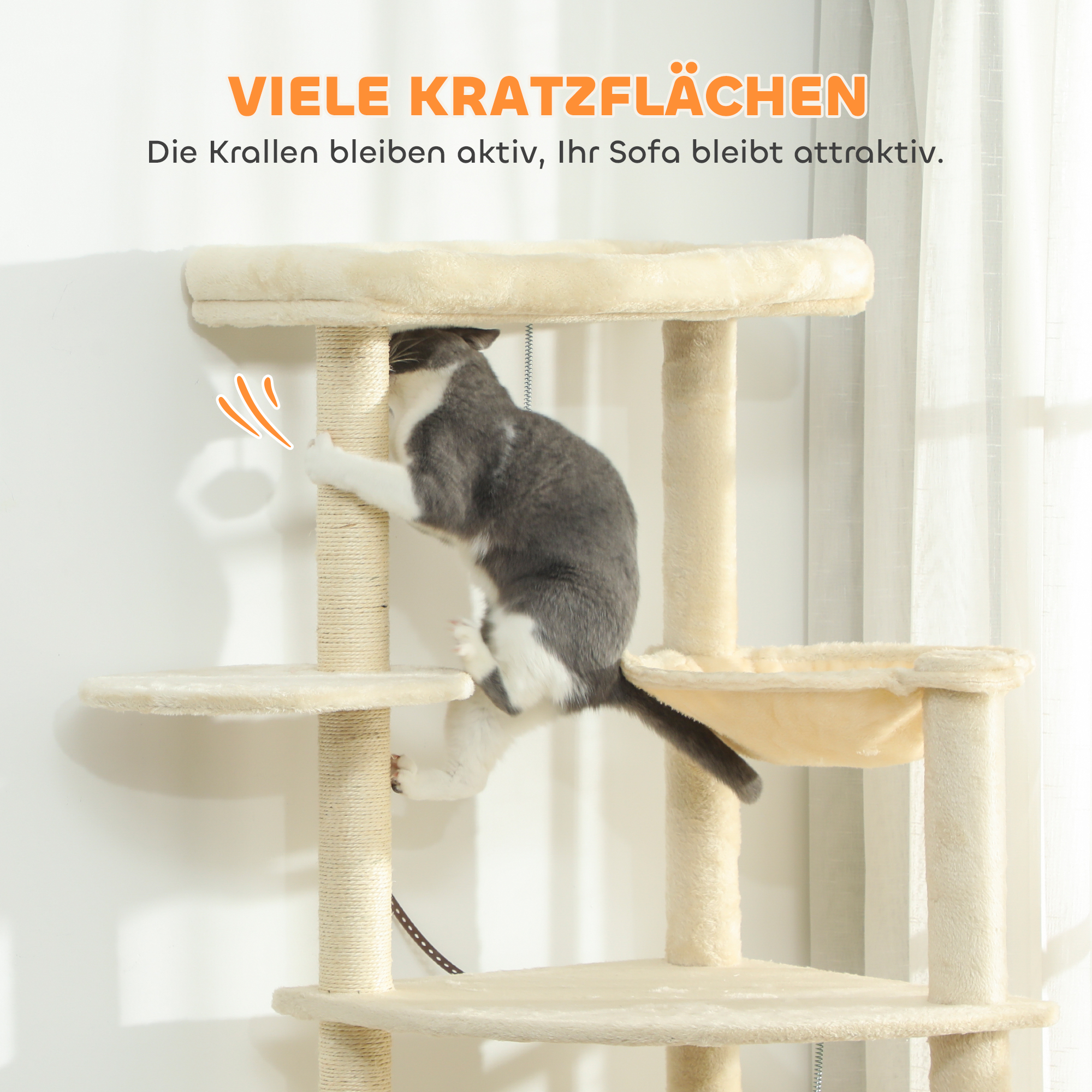 2 Meter hoher Kratzbaum für 2-3 Katzen, Kratzpfosten, Höhlen, Hängematte, Verstecke, mehrstöckiges Design, Sisal, Holz, Plüsch, Beige