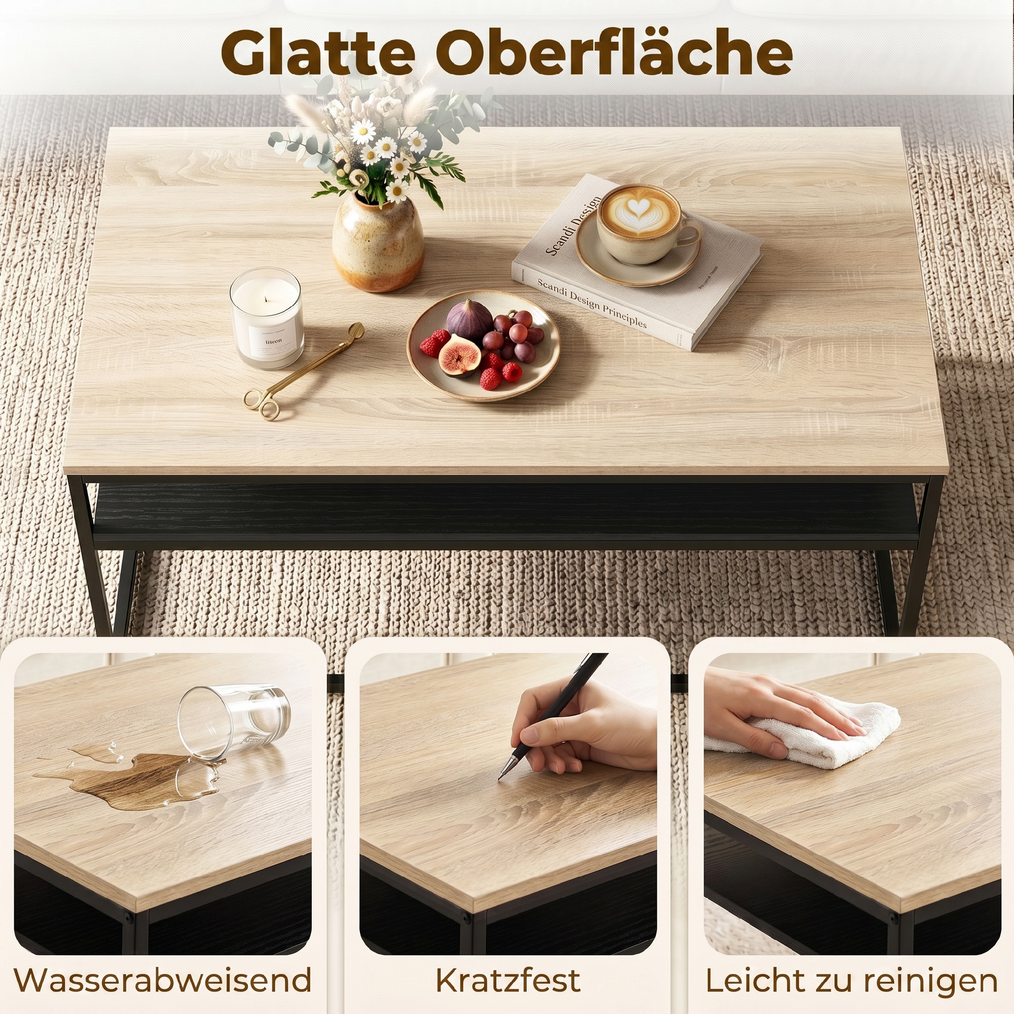 Couchtisch mit Ablage, moderner Industriestil, Wohnzimmertisch für Wohnzimmer, Schlafzimmer, 100 x 59,8 x 47 cm, Eiche