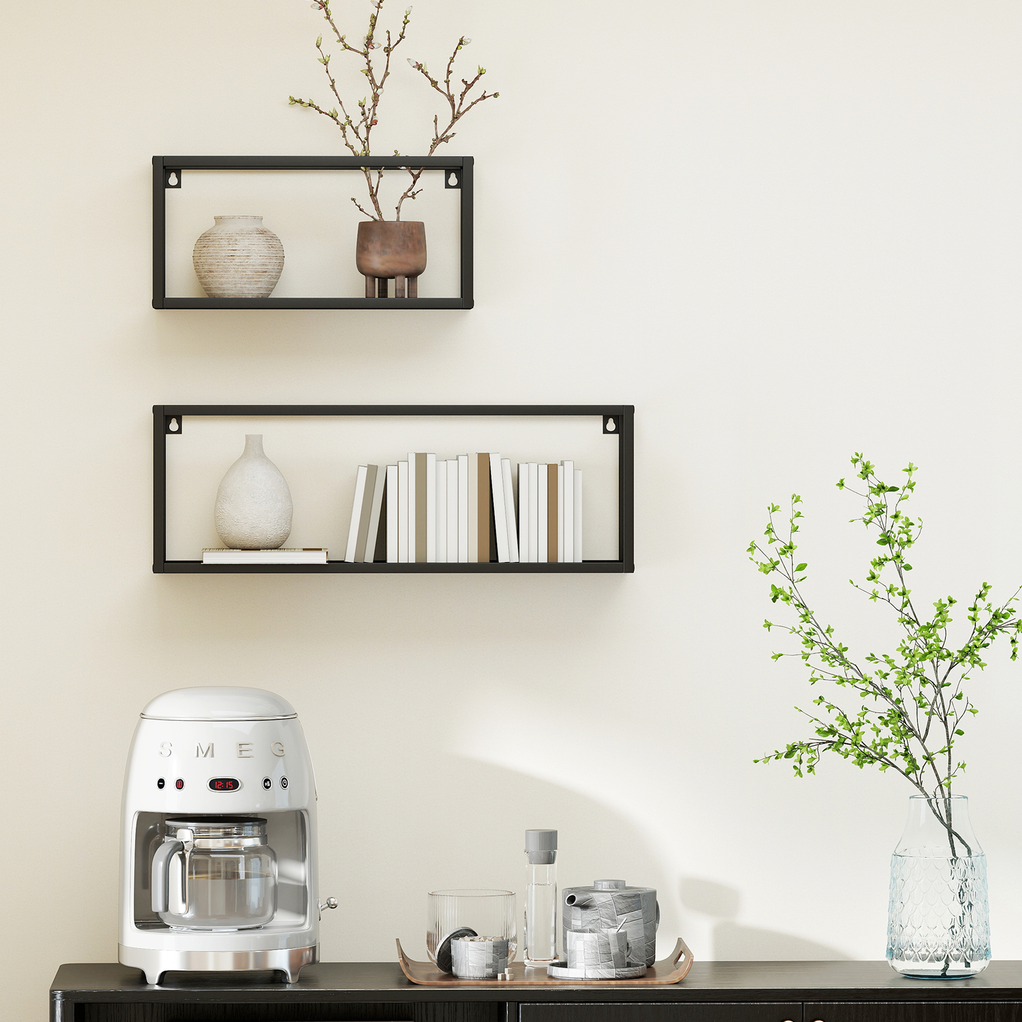 2er-Set Wandregale, 15 kg Tragkraft, für Wandmontage, Stahl, Schwarz