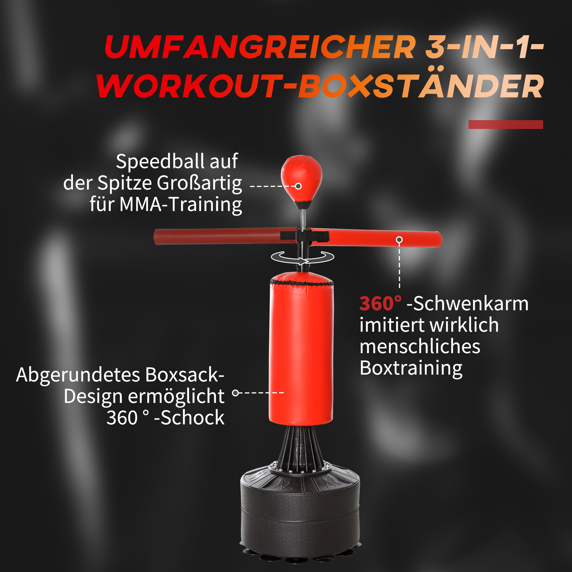 Boxsack stehend 155-205cm Höhenverstellbar Standboxsack mit 360° Reflexstange Speedball, Boxhandschuhen Pumpe, Punchingball Set für Erwachsene Jugendliche, Kickboxsack für Box Training