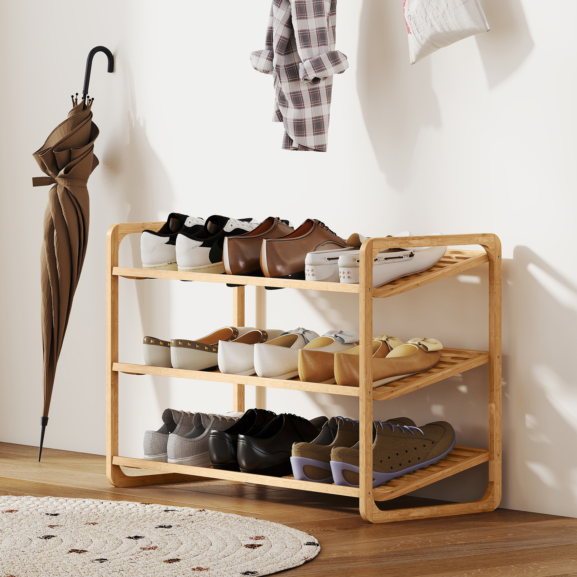 Bambusregal, Schuhregal, Flurregal, 3-stufiges Design, 30 kg Belastbarkeit, Holz