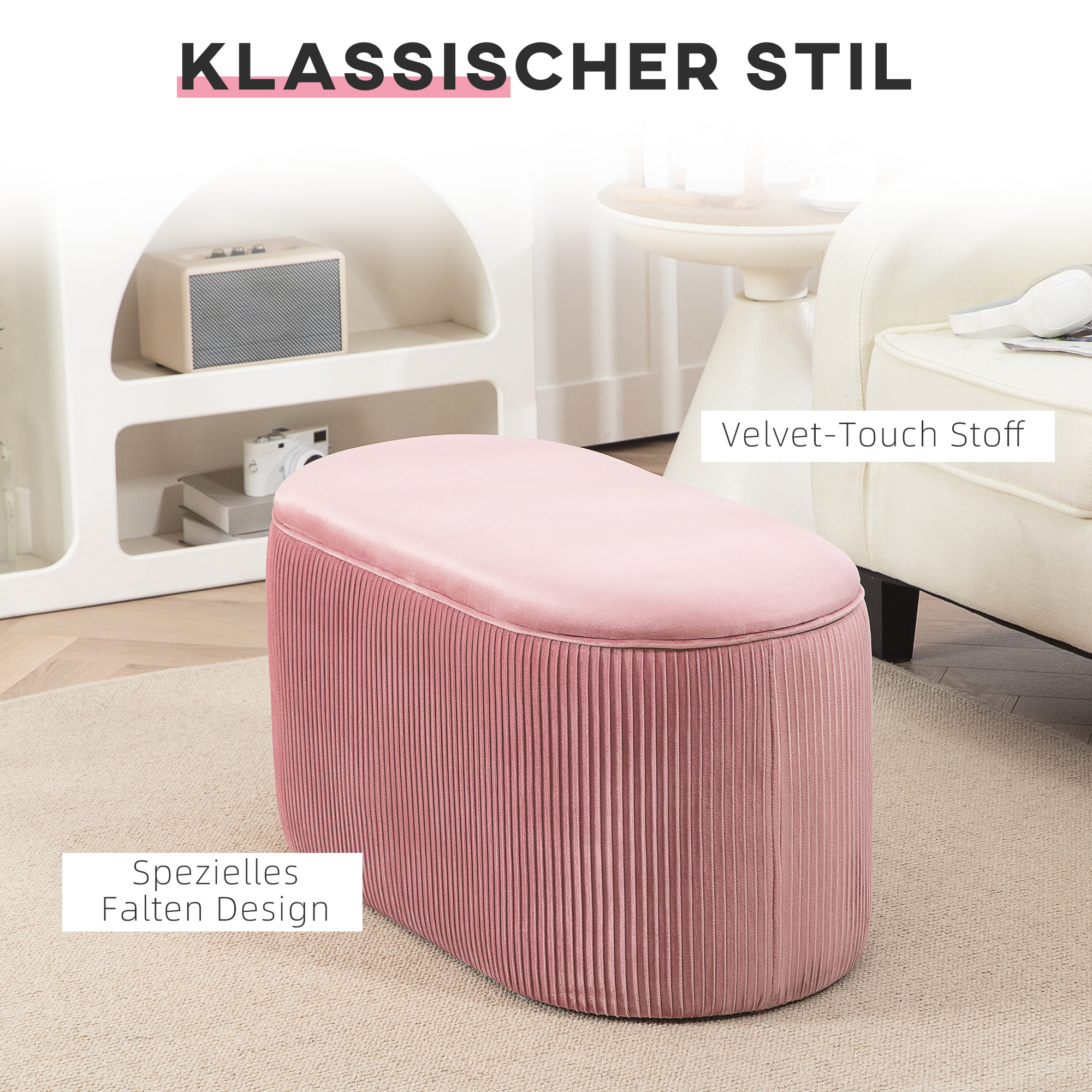 Sitzbank Bank mit Stauraum Polsterbank Ottomane, Retrodesign, Samtoptik, 81 cm x 40 cm x 41 cm, Altrosa