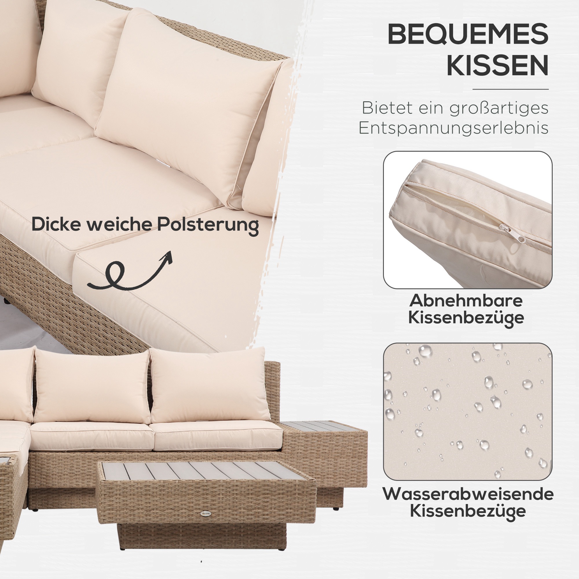 4-tlg. Luxus Polyrattan Gartengarnitur Gartenmöbel Garten-Set Sitzgruppe Loungeset Loungemöbel inkl. Ablagen und Beistelltisch Sitzkissen Braun