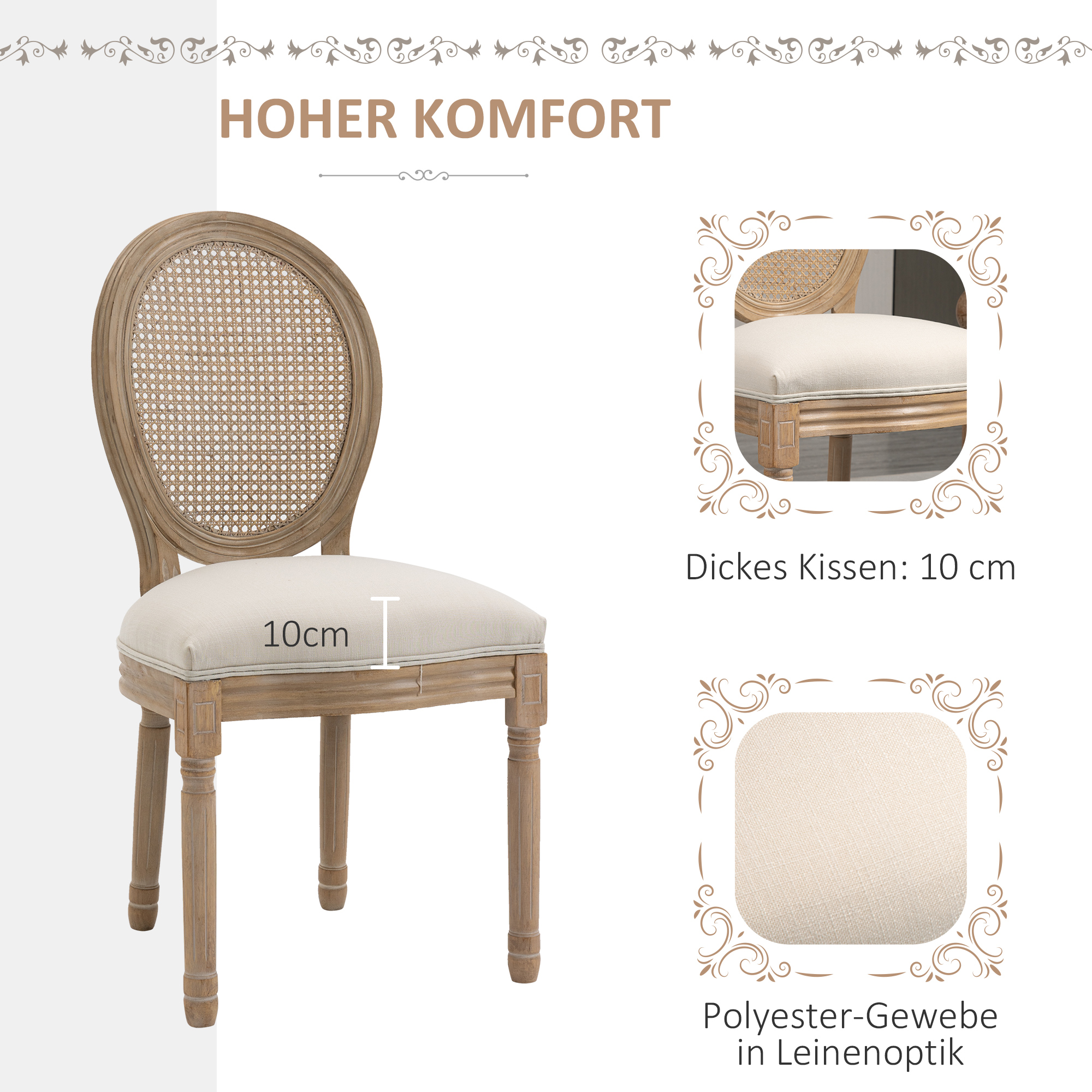 2er-Set Küchenstühle Polsterstühle Wienergeflecht, Massivholz, 49 cm x 56 cm x 96 cm, Cremeweiß +Natur