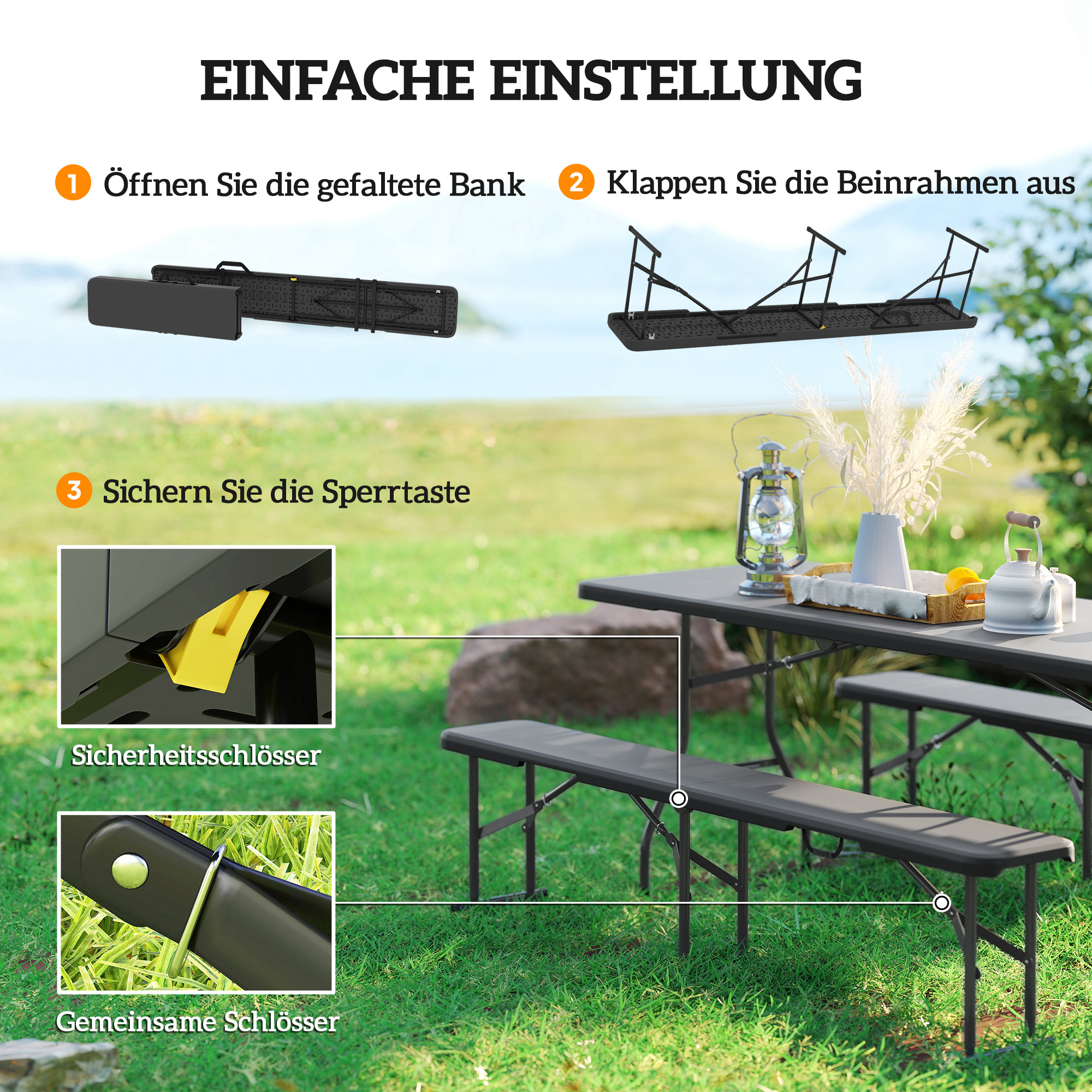 Campingbank, Kunststoff-Outdoor-Bank, 240 kg Belastbarkeit, Schwarz