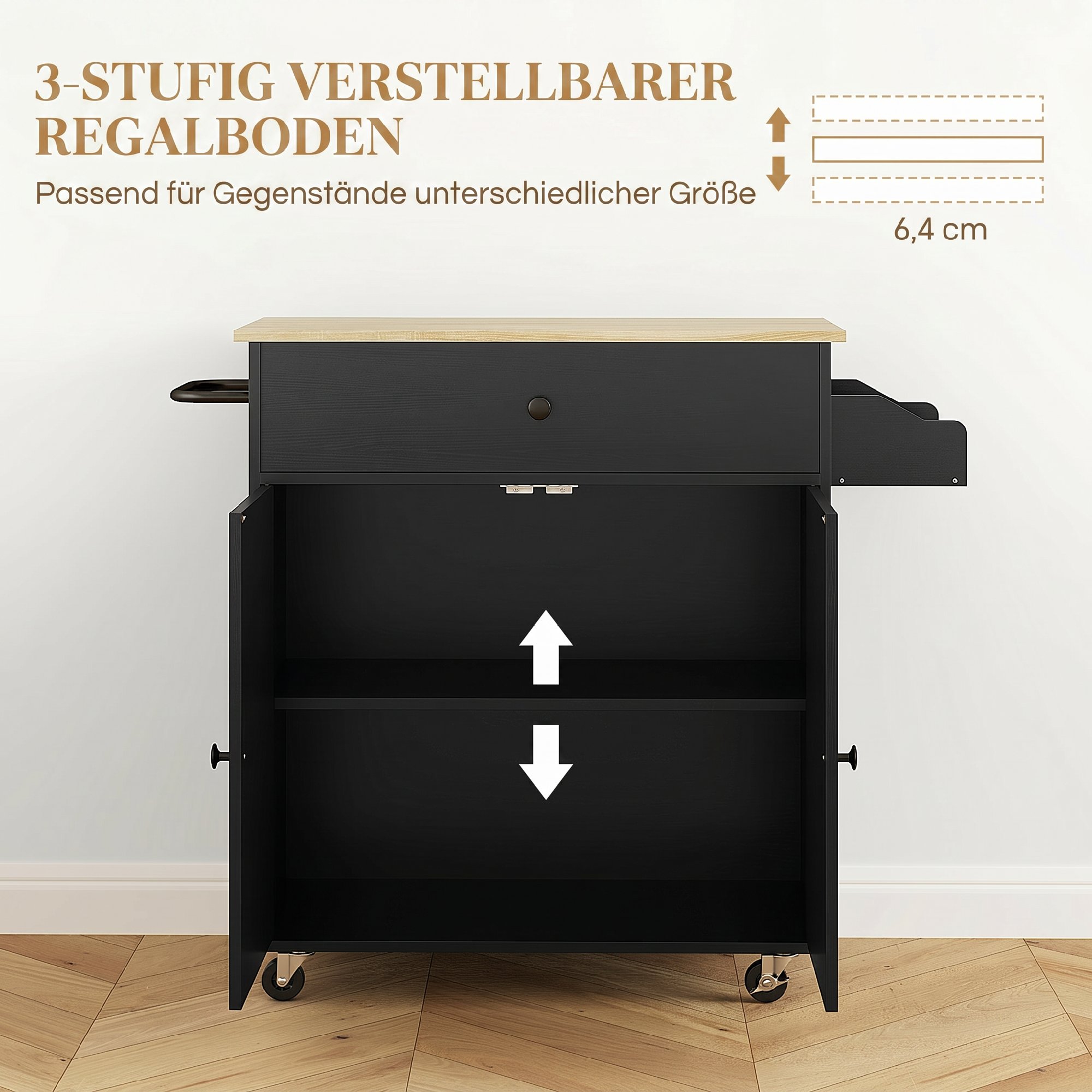 Küchenwagen mit Schublade, Schrankfach, Handtuchstange, 106 x 42 x 87 cm, Schwarz/Eiche