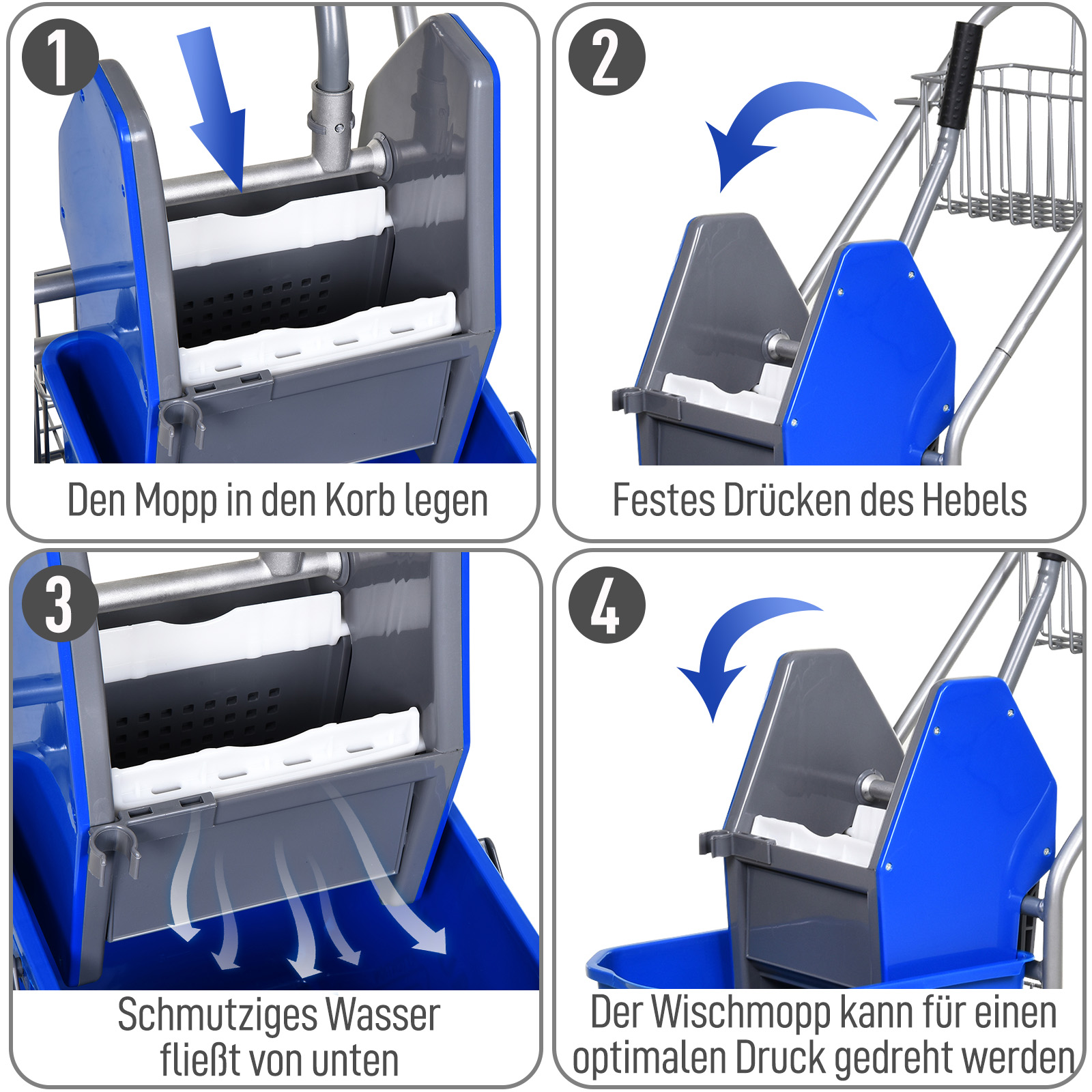 Reinigungseimer, Wischmoppeimer, rollbar, Kunststoff, Metallgriff, Blau