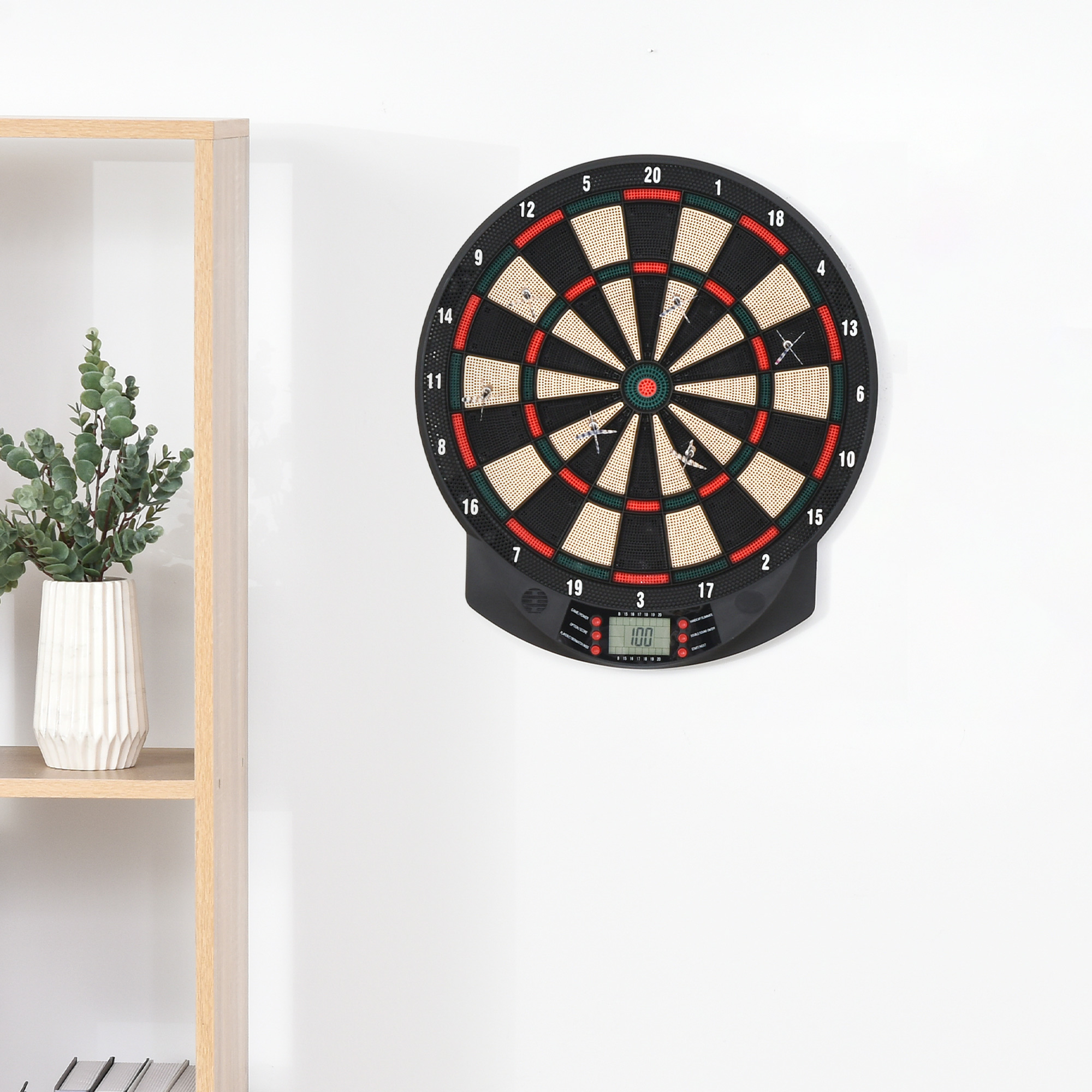 elektronische Dartscheibe, automatische Wertung Dartboard Dart-set mit 6 Darts 30 Dartköpfe 26 Spiele und 185 Trefferoptionen für 8 Spieler Soundeffekte Schwarz 44 x 39,5 x 2,2 cm
