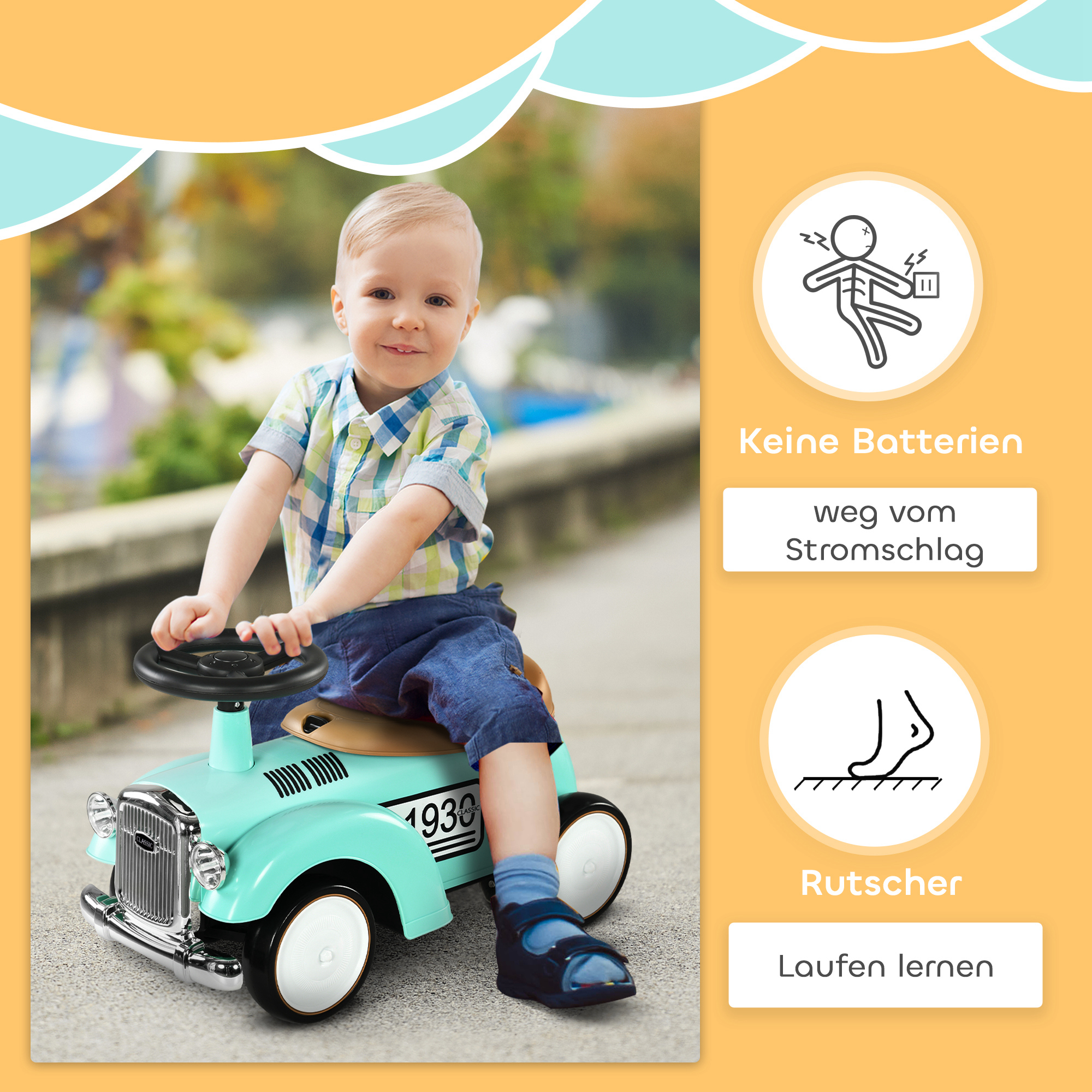 Kinder Rutschauto, Vintage-Design, versteckter Stauraum, Kippschutz, Hupe, 12-36 Monate, Grün