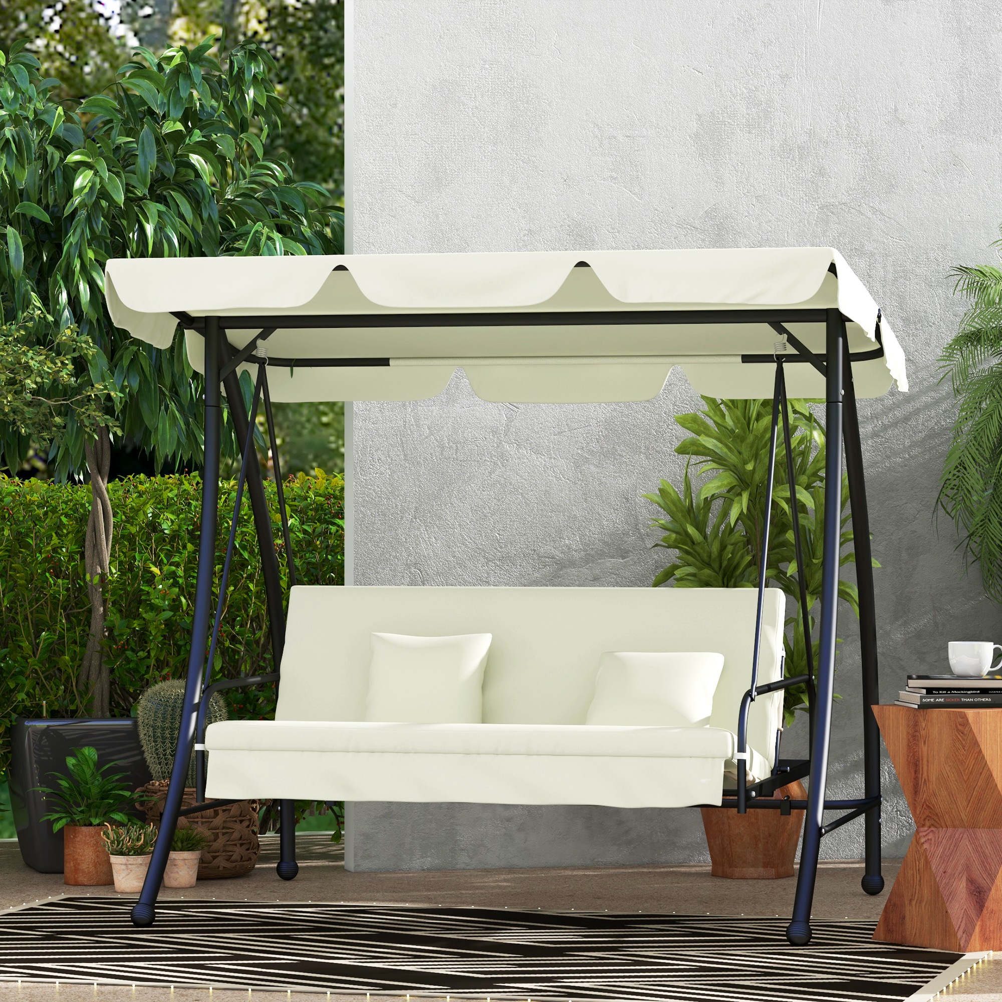 Hollywoodschaukel, Schaukelbank mit Liege-Funktion, 3 Sitzer, Metall+Polyester, 200 x 125 x 170 cm, Weiß