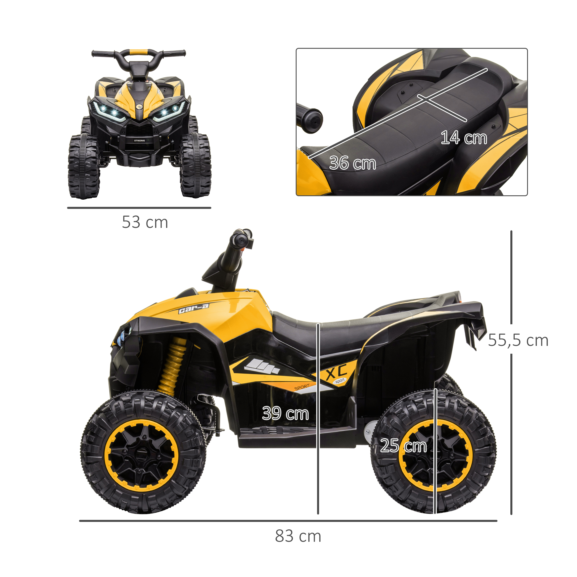 Elektro-Kinderquad, LED-Scheinwerfer, MP3-Player, Stoßdämpfer, ergonomischer Sitz, Gelb+Schwarz
