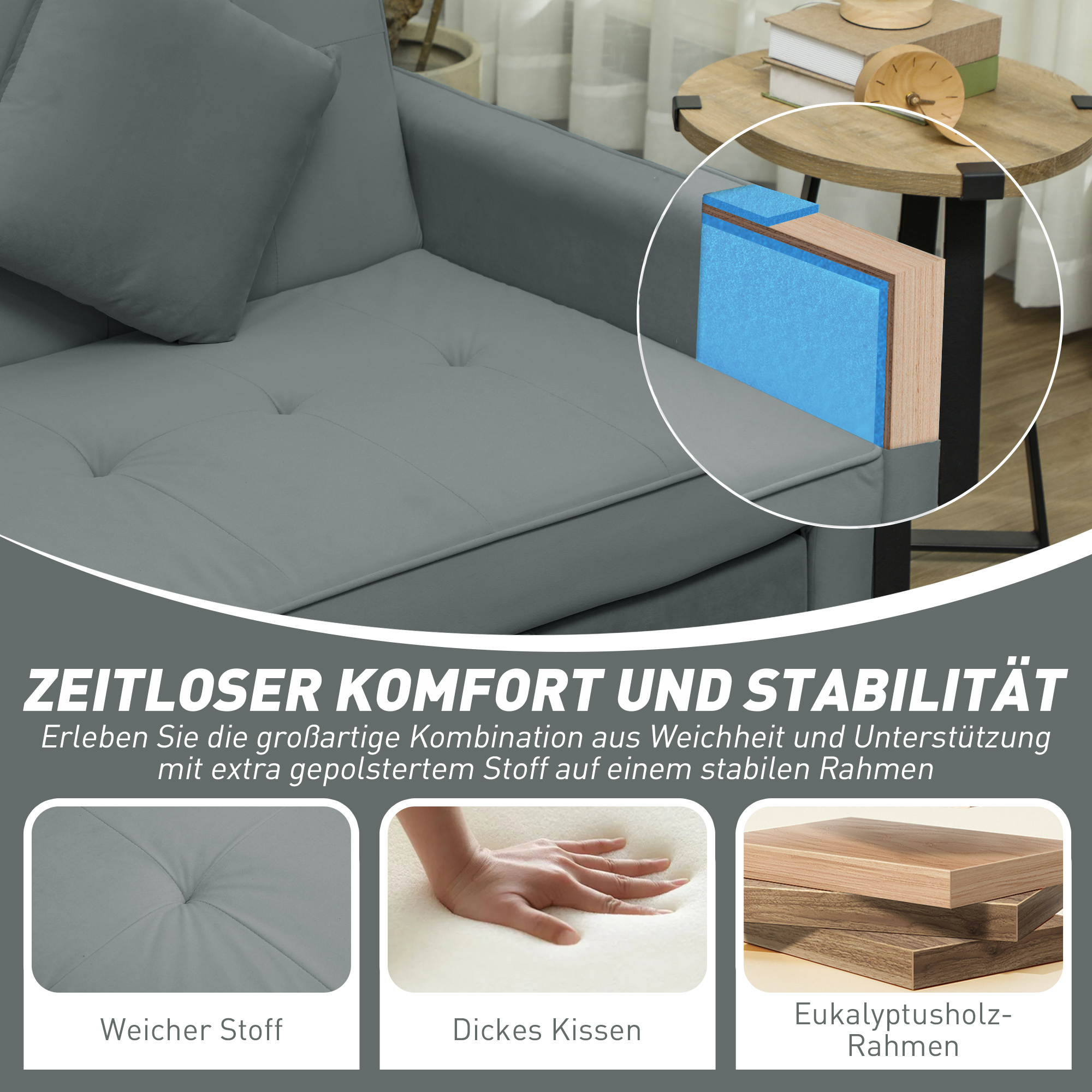 Sofabett, verstellbare 3-Sitzer-Couch mit Bettfunktion, Schlafsofa mit ausziehbarem Bett, Kissen, Grau