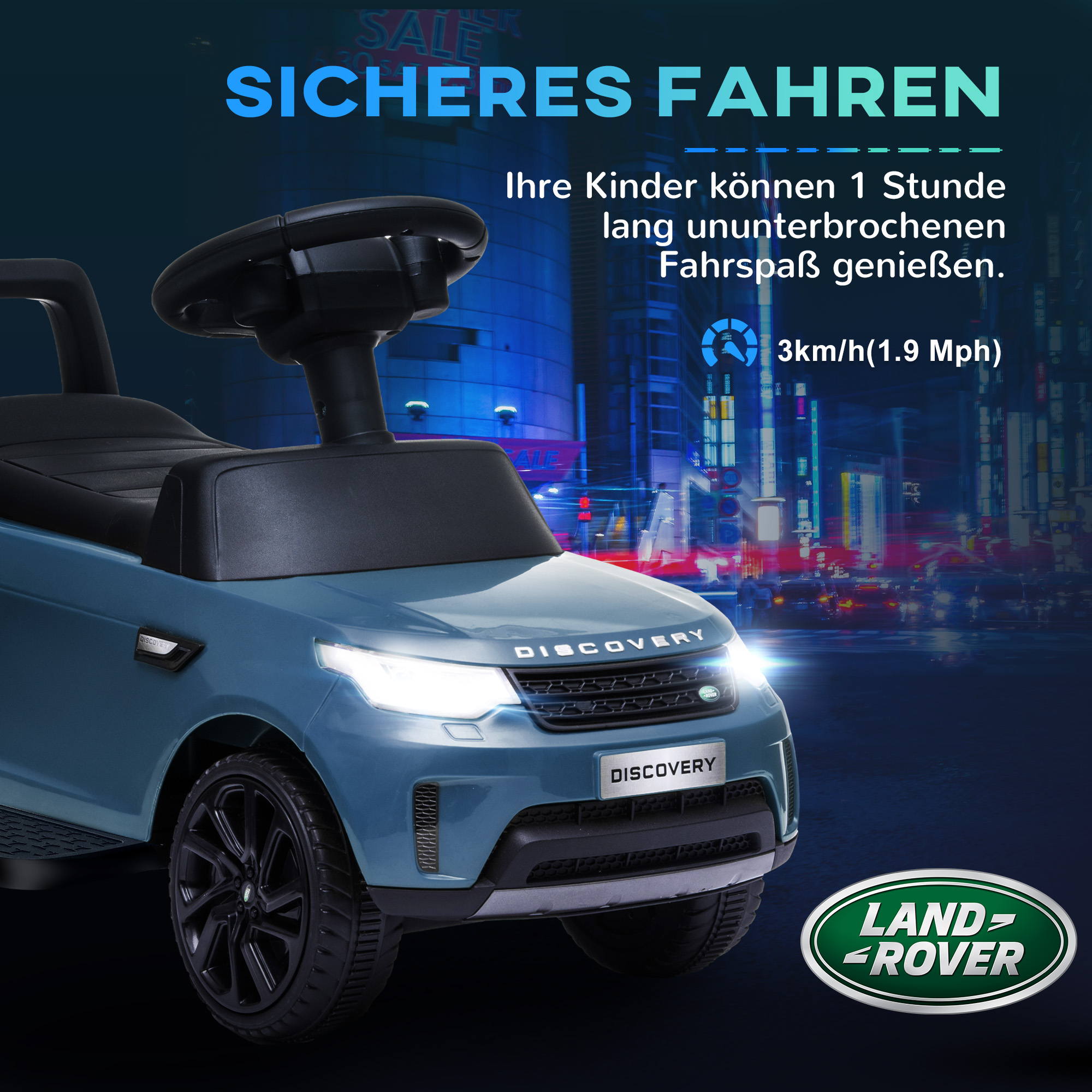 Elektro Kinderauto 6V, Land Rover, Fahr-/Schiebemodus, Scheinwerfer, Musik, Hellblau