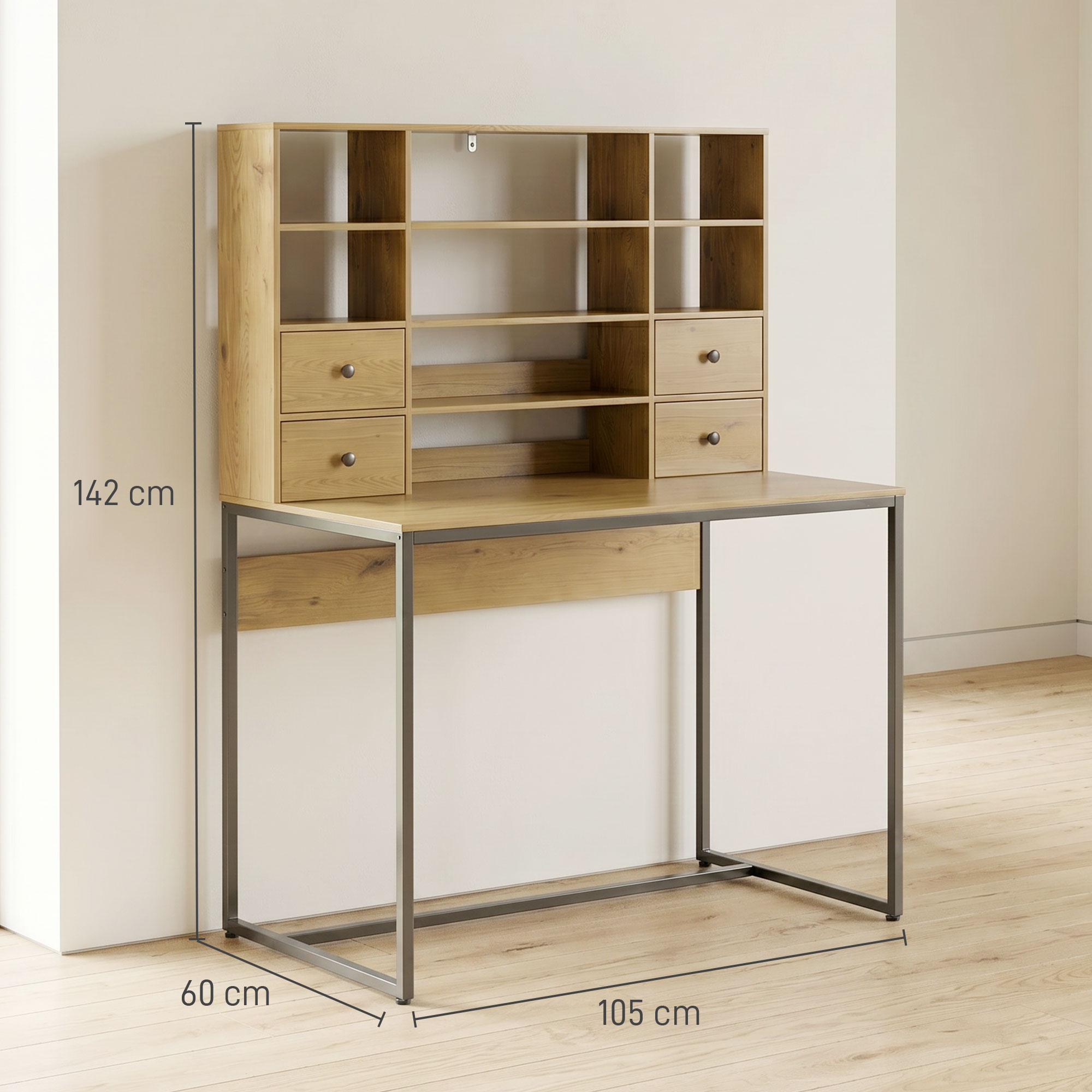 Computertisch mit 4 Schubladen und Regalen, Schreibtisch 105 cm, Naturholz