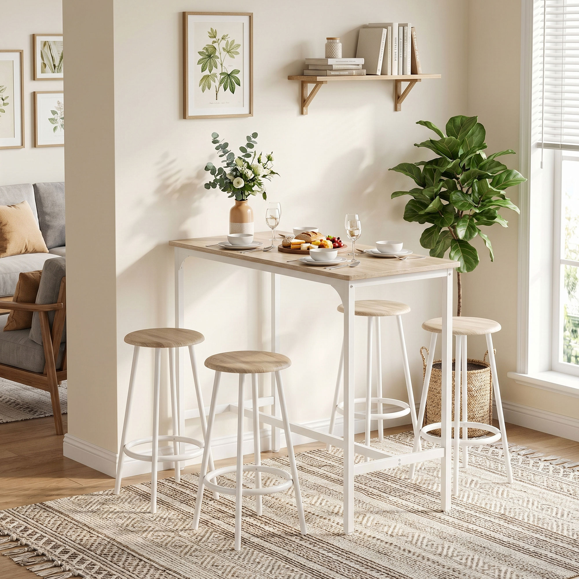 5-teiliges Bartisch-Set für 4 Personen, Industrieller Stehtisch mit Hockern für Küche & Esszimmer, Eiche