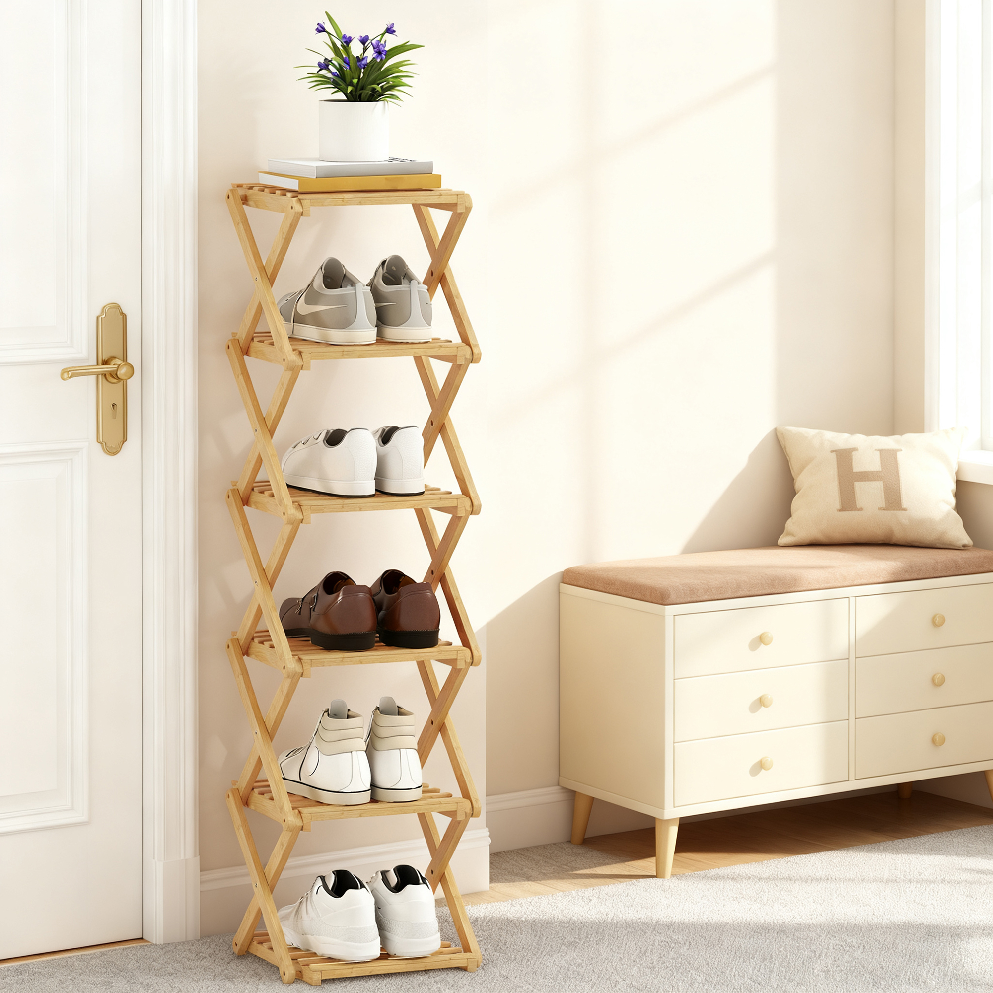 Schuhregal, klappbar Schuhständer mit 6 Ebenen aus Bambus, für max. 9 Paar Schuhe, 30 x 29 x 108 cm, Natur