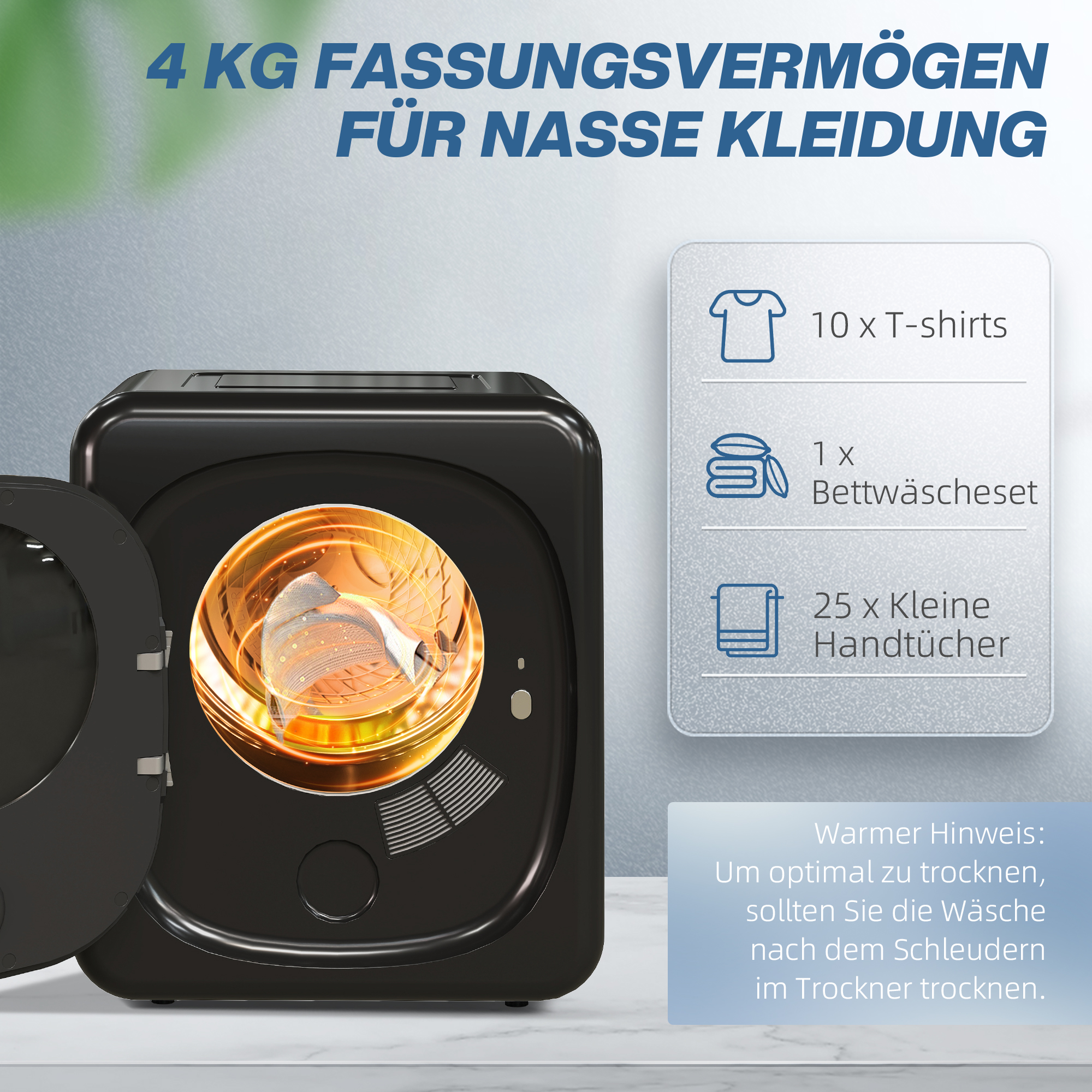 Wäschetrockner mit UV-Desinfektion, kompakte Bauweise, 4 kg Kapazität, Edelstahl, Schwarz