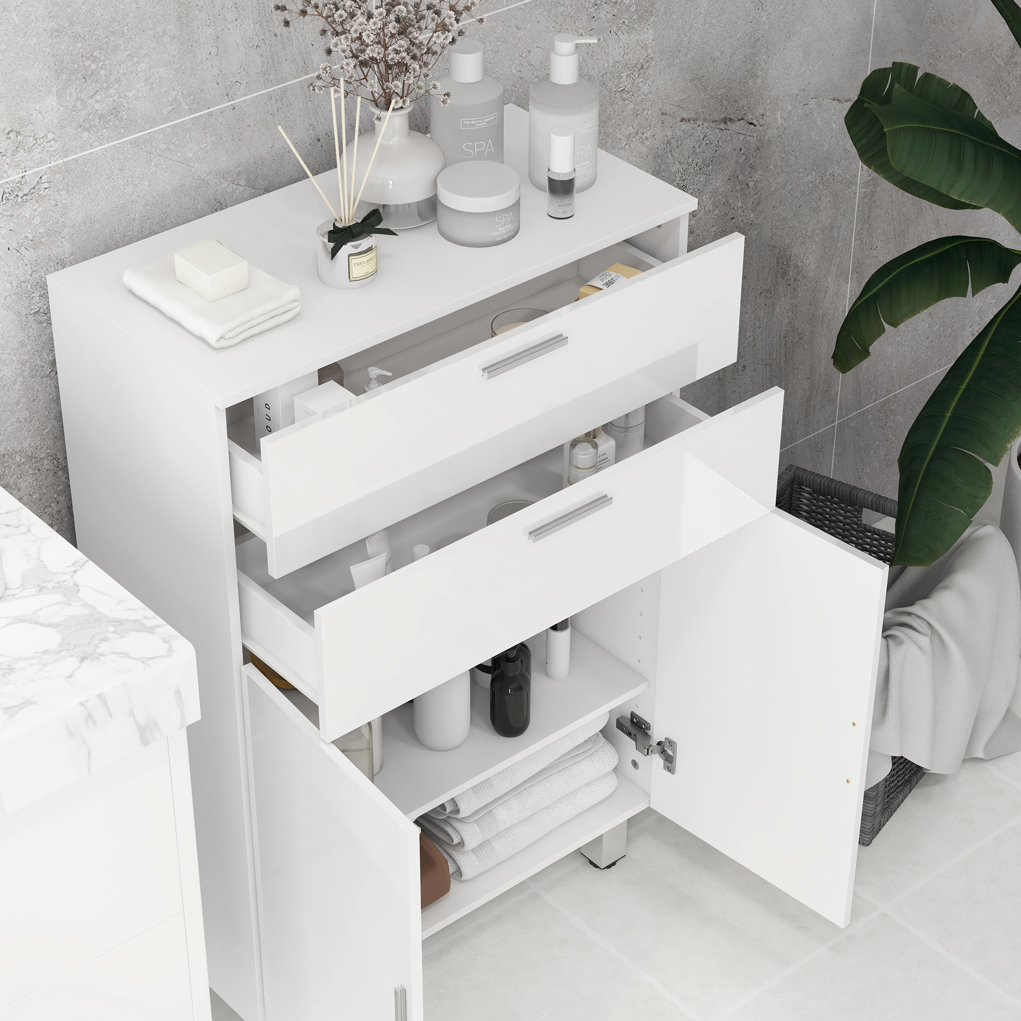 Badezimmerschrank, Badkommode, 2 Schubladen, verstellbares Regal, Holz, Weiß