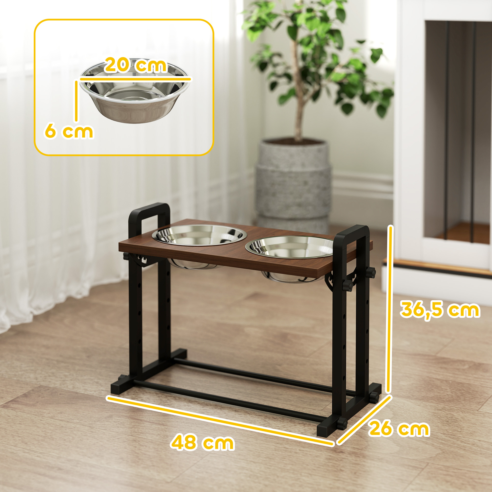 Hundenapf erhöht 4 höhenverstellbare Futternapf mit Ständer, 2 x 1,2l Edelstahlnäpfen, 3 einstellbaren Winkeln, Braun
