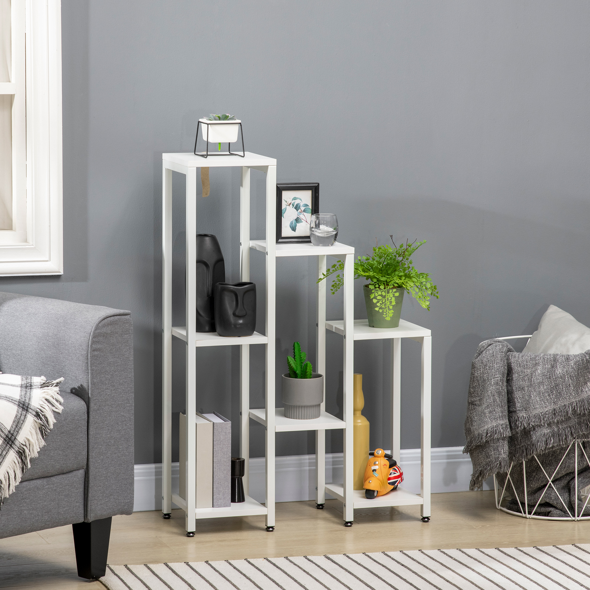 Blumenständer, Pflanzenständer, 7 Ebenen, für Innen- und Außenbereiche, Stahl, weiß, 65 x 23 x 94,5cm