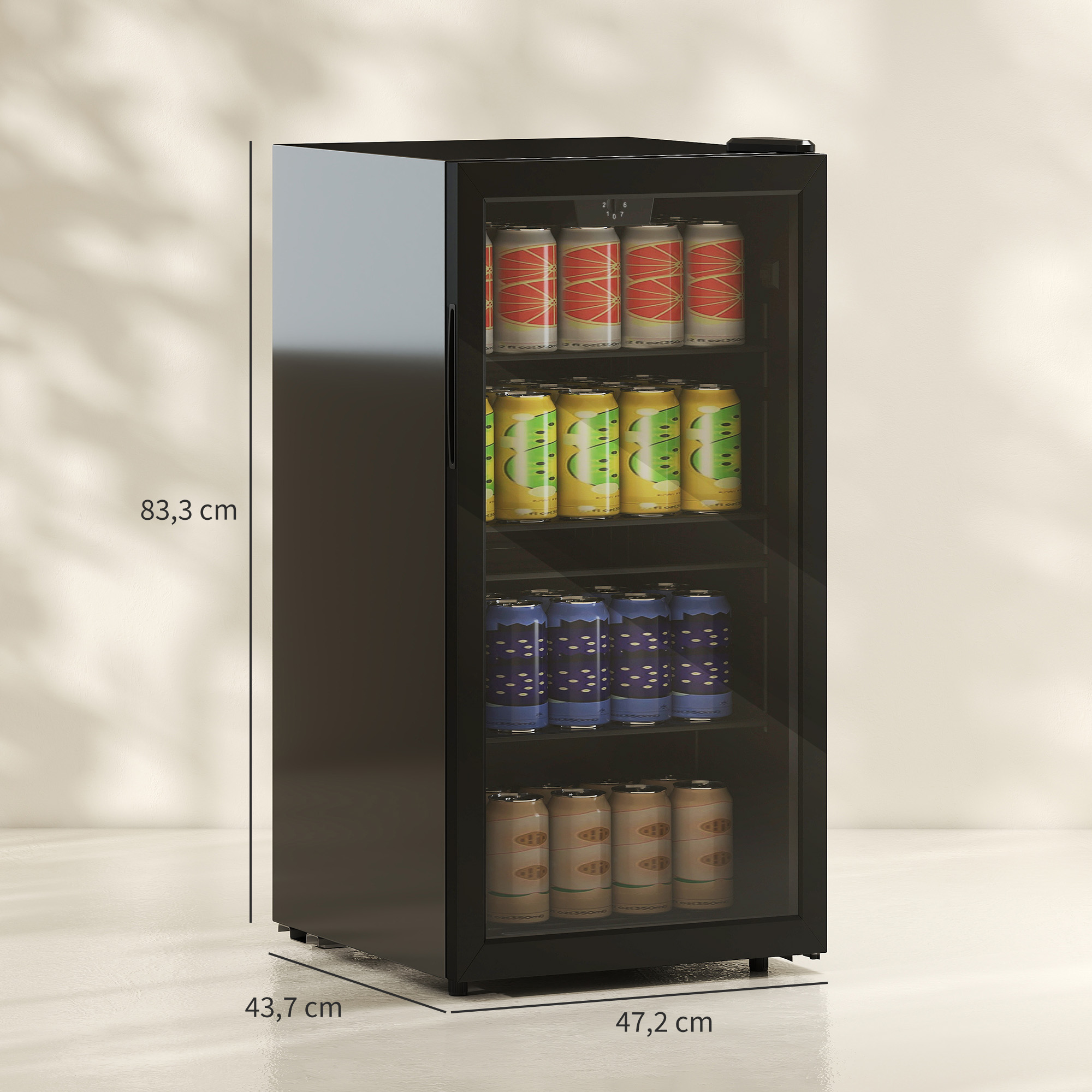 Mini Kühlschrank 93L Kühlbox mit Glastür, verstellbaren Regalen, LED, Temperaturregelung, 47,2 x 43,7 x 83,3 cm Schwarz