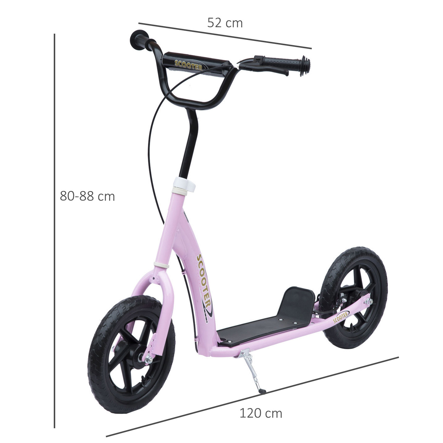 Tretroller, Scooter für Kinder, mit Handbremse, Ständer, 12 Zoll Räder, ab 5 Jahren, Stahl, Rosa 120 x 52 x 88 cm