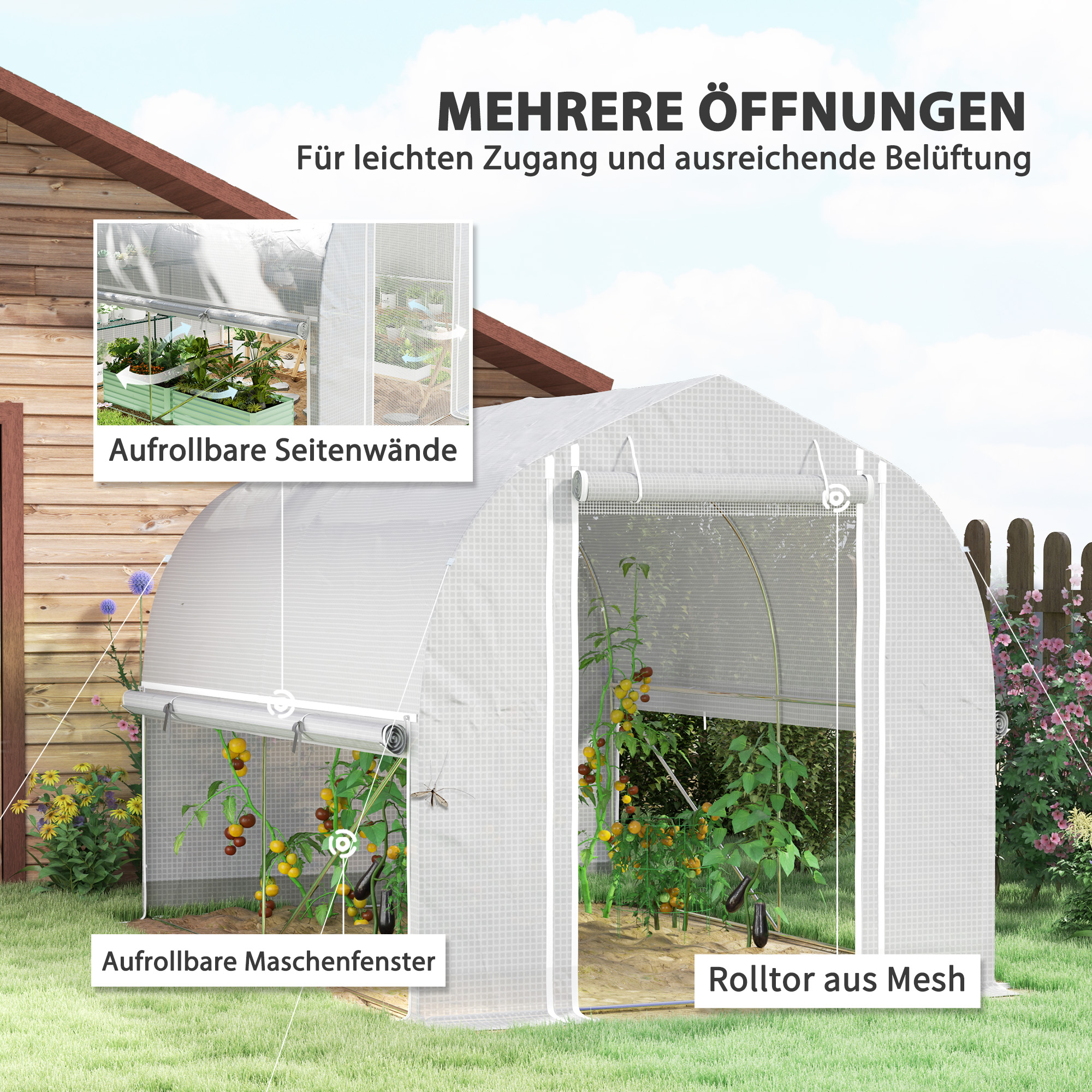 3 x 2 x 2 m Polytunnel-Gewächshaus mit aufrollbaren Seitenwänden, UV-beständiger Kunststoff-Plane und Stahlrahmen, Weiß