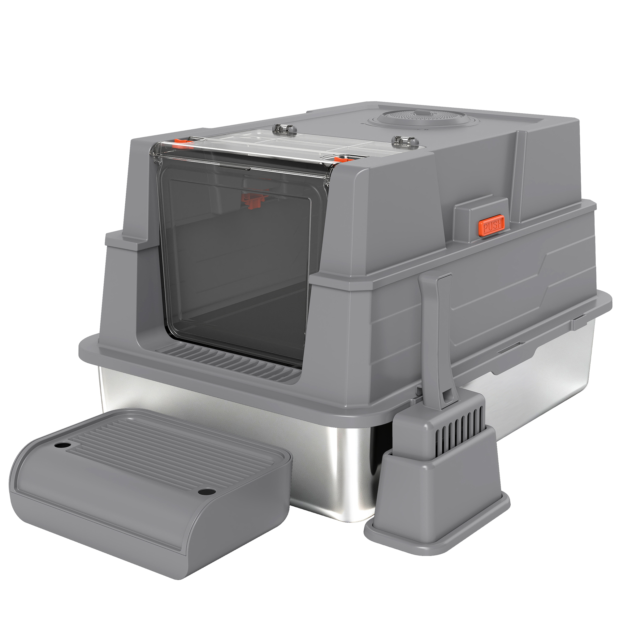 Katzenklo XXL Edelstahl Katzentoilette 130L mit 180° Klappdeckel Hohen Seitenwänden Schaufel Trittstufe 70x50x43cm Grau