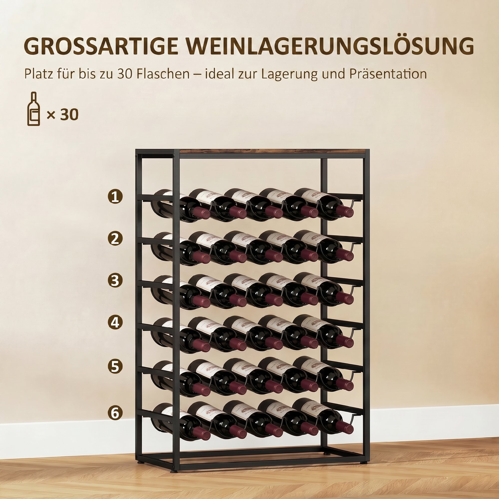 Weinregal für 30 Flaschen freistehendes Flaschenregal aus Metall für Keller Lagerraum 59 x 30 x 88,5 cm Rustikal-Braun