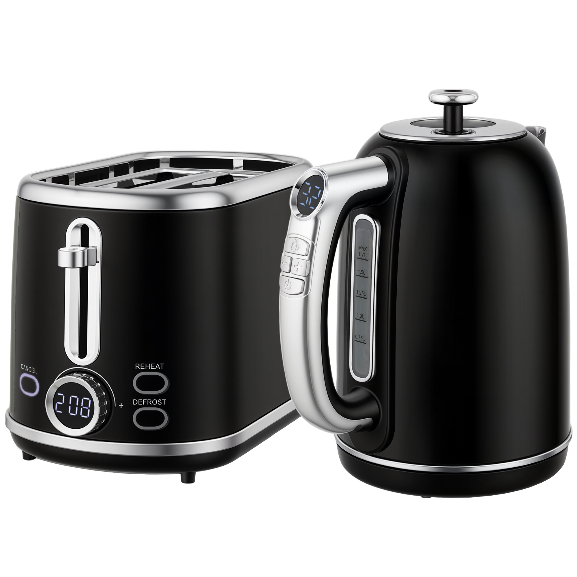 Wasserkocher- und Toaster-Set, LED-Anzeige, 1,7 Liter, 2200W, Retro-Design, Memory-Funktion, Schwarz