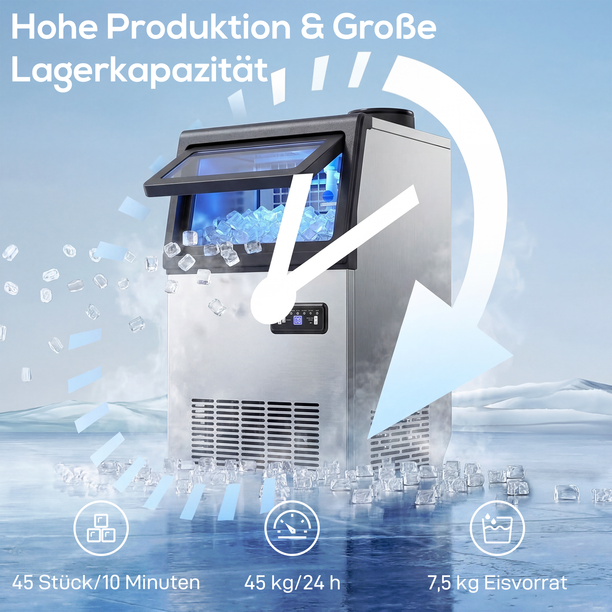 Eismaschine, 45 kg/24 Std., Edelstahl, Unterbau oder freistehend, Silber