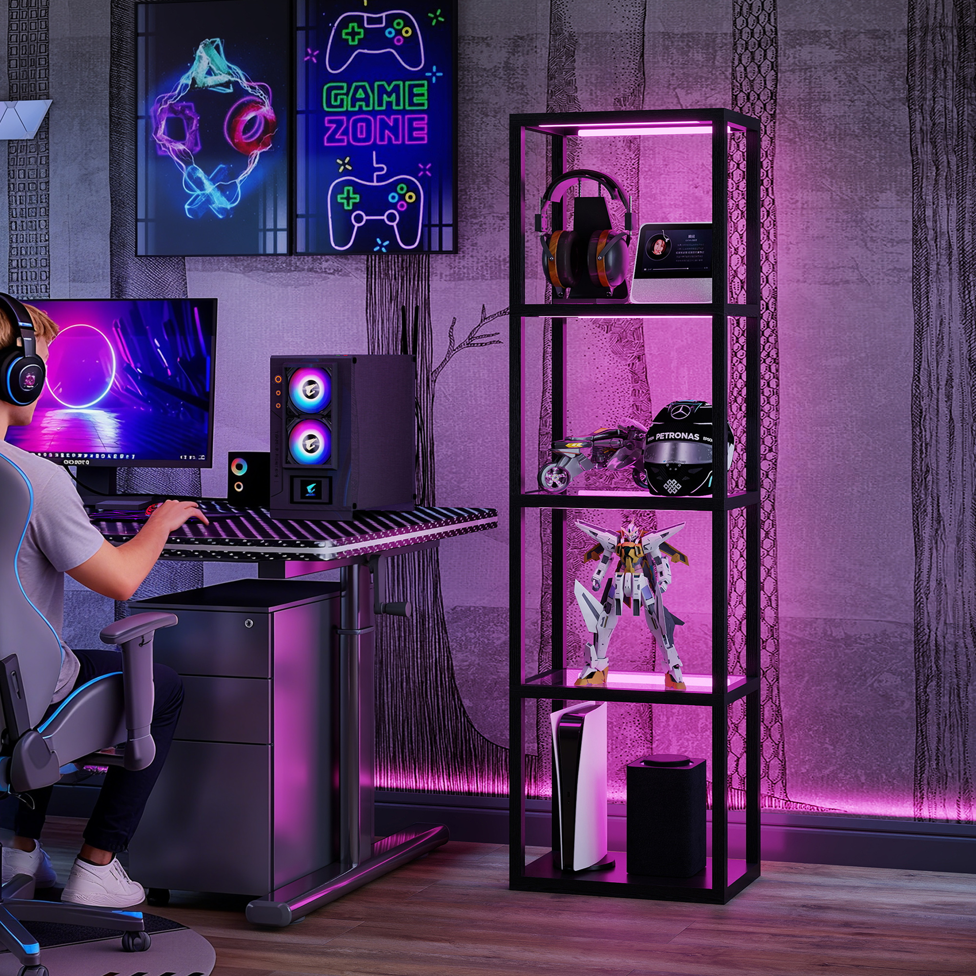 RGB Stehlampe mit Glasregalen, 4-Ebenen-LED-Stehleuchte mit Fernbedienung, Musiksynchronisation, Schwarz