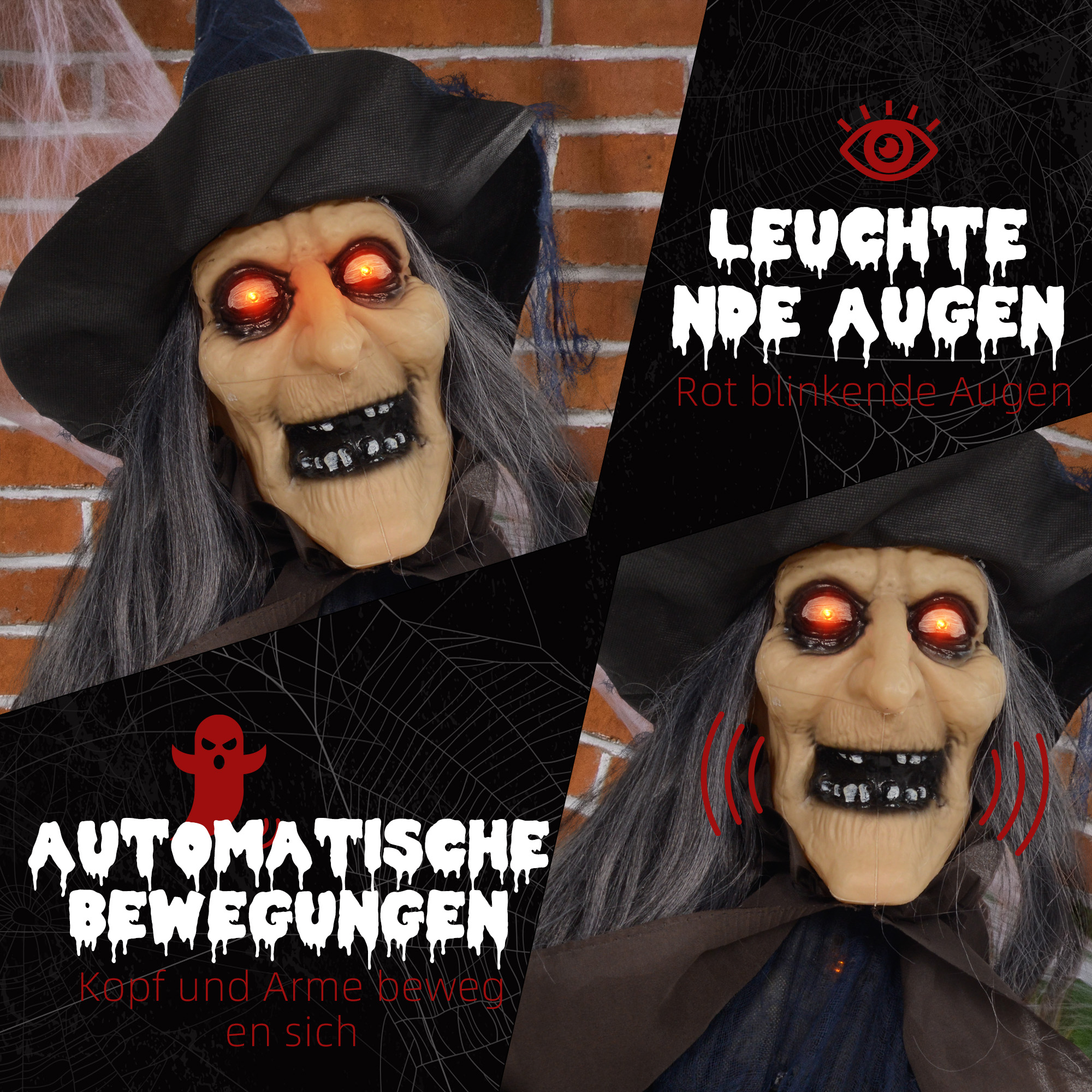 Halloweendekoration Hexe mit Besen, leuchtende Augen, gruselige Geräusche, biegsame Arme, 107x65x190 cm Halloweendekoration Hexe mit Besen, leuchtende Augen, gruselige Geräusche, biegsame Arme, 107x65x190 cm