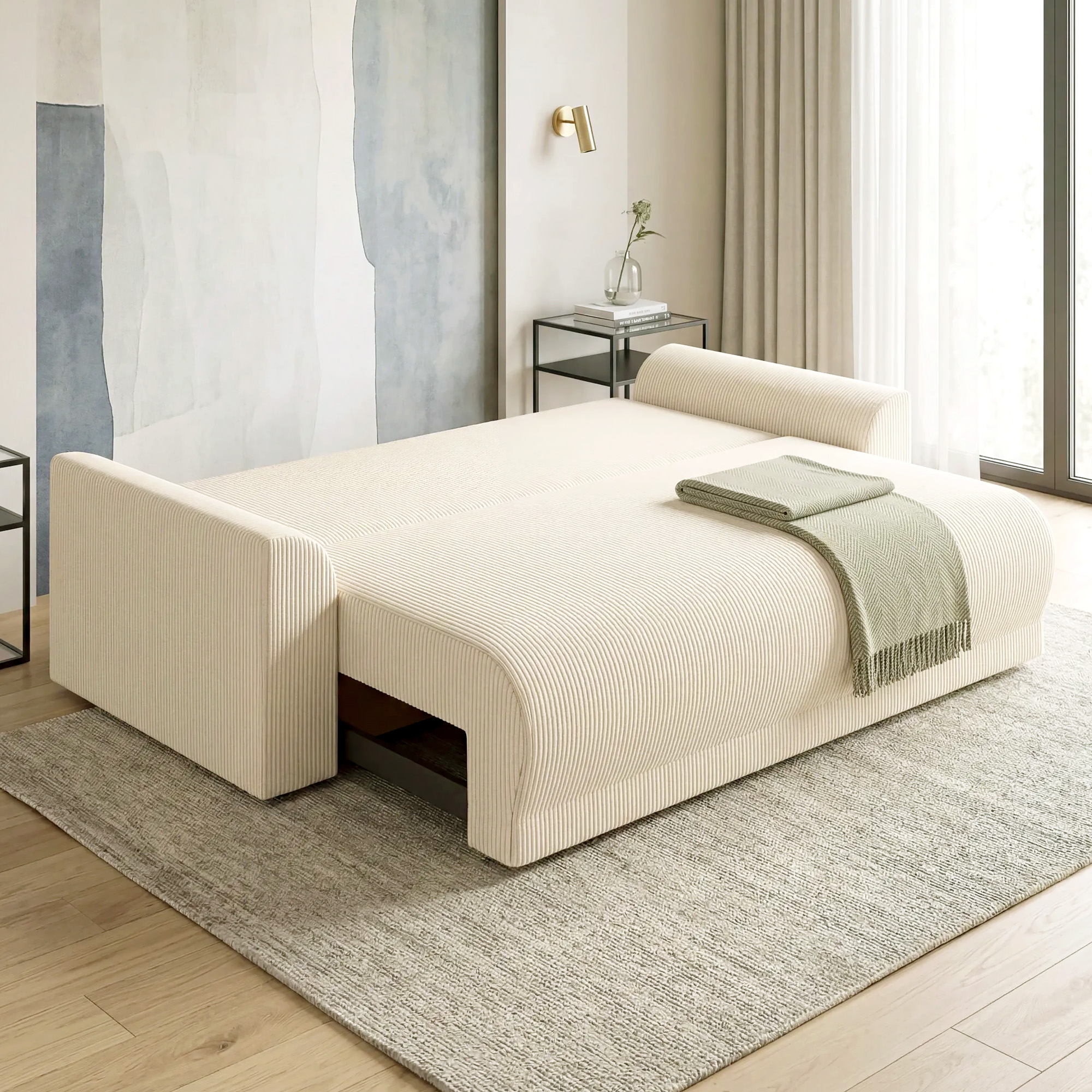 Schlafsofa 190x150cm 3-Sitzer Sofa mit Schlaffunktion, Kissen, Stauraum, Cord-Optik für Wohnzimmer, Beige