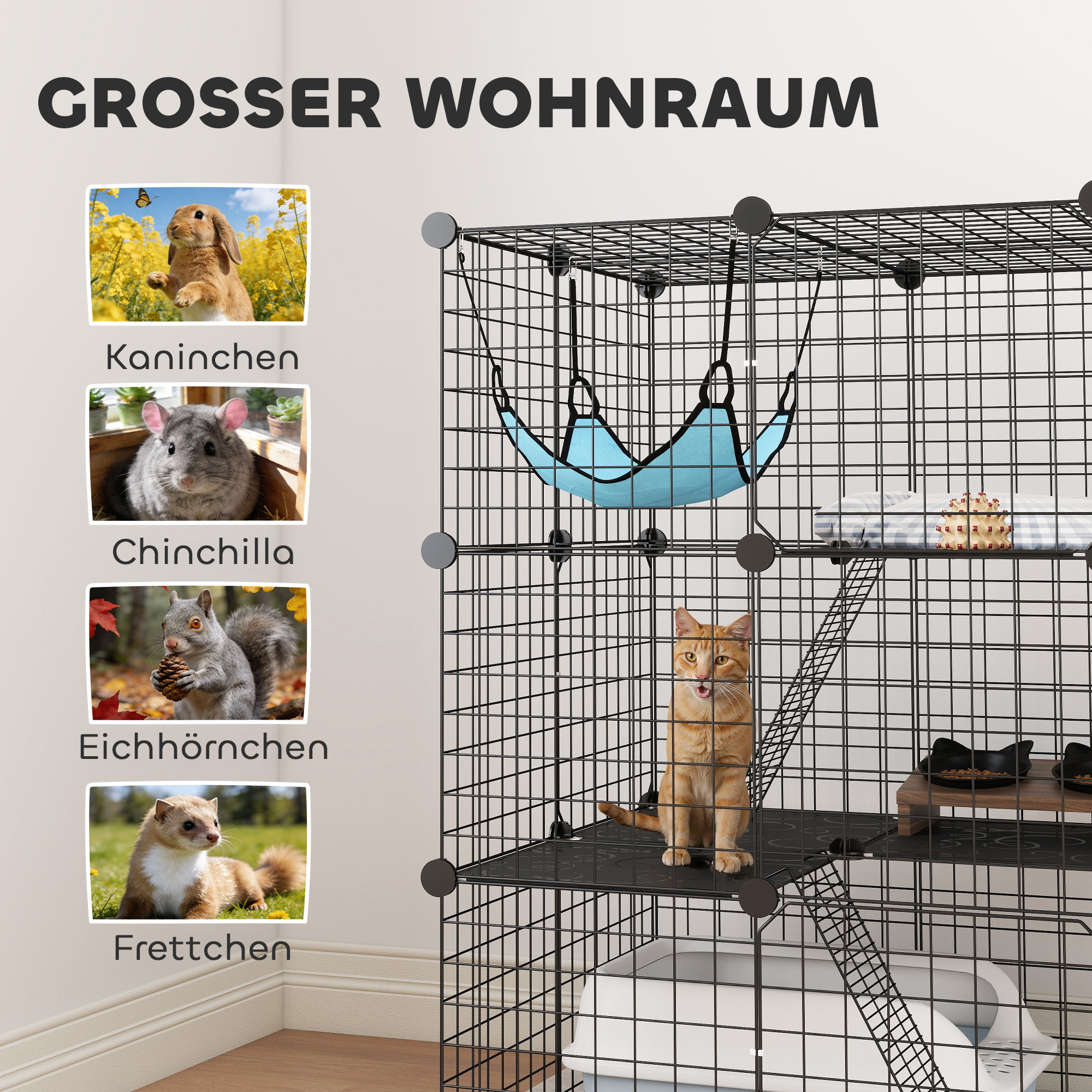 Indoor Katzenkäfig 105 cm, Stahl-Katzengehege mit 3 Türen, DIY-anpassbares Design für Kätzchen unter 4kg