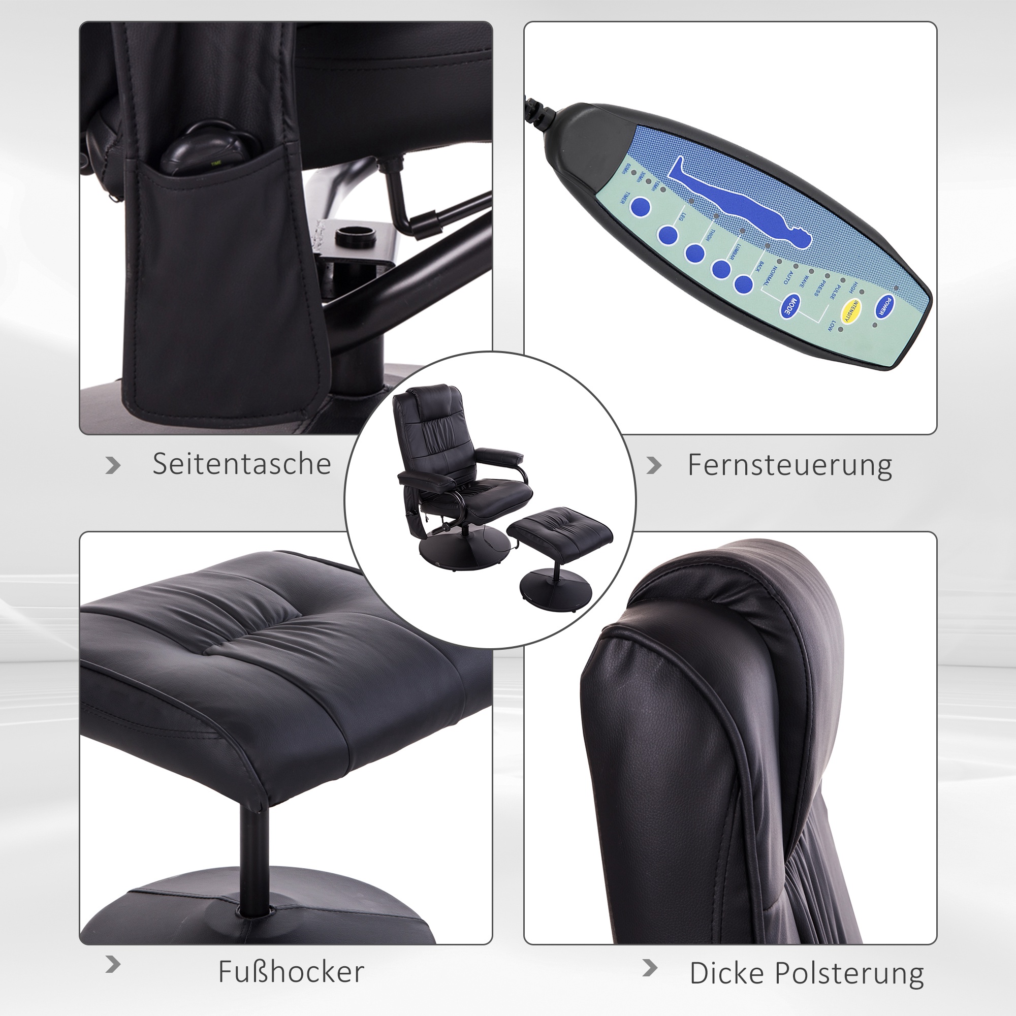 Massagesessel mit Hocker, Drehbares Relaxsessel mit Massagefunktion, Fernsehsessel mit Liegefunktion, Fernbedienung für Wohnzimmer, Kunstleder, Schwarz