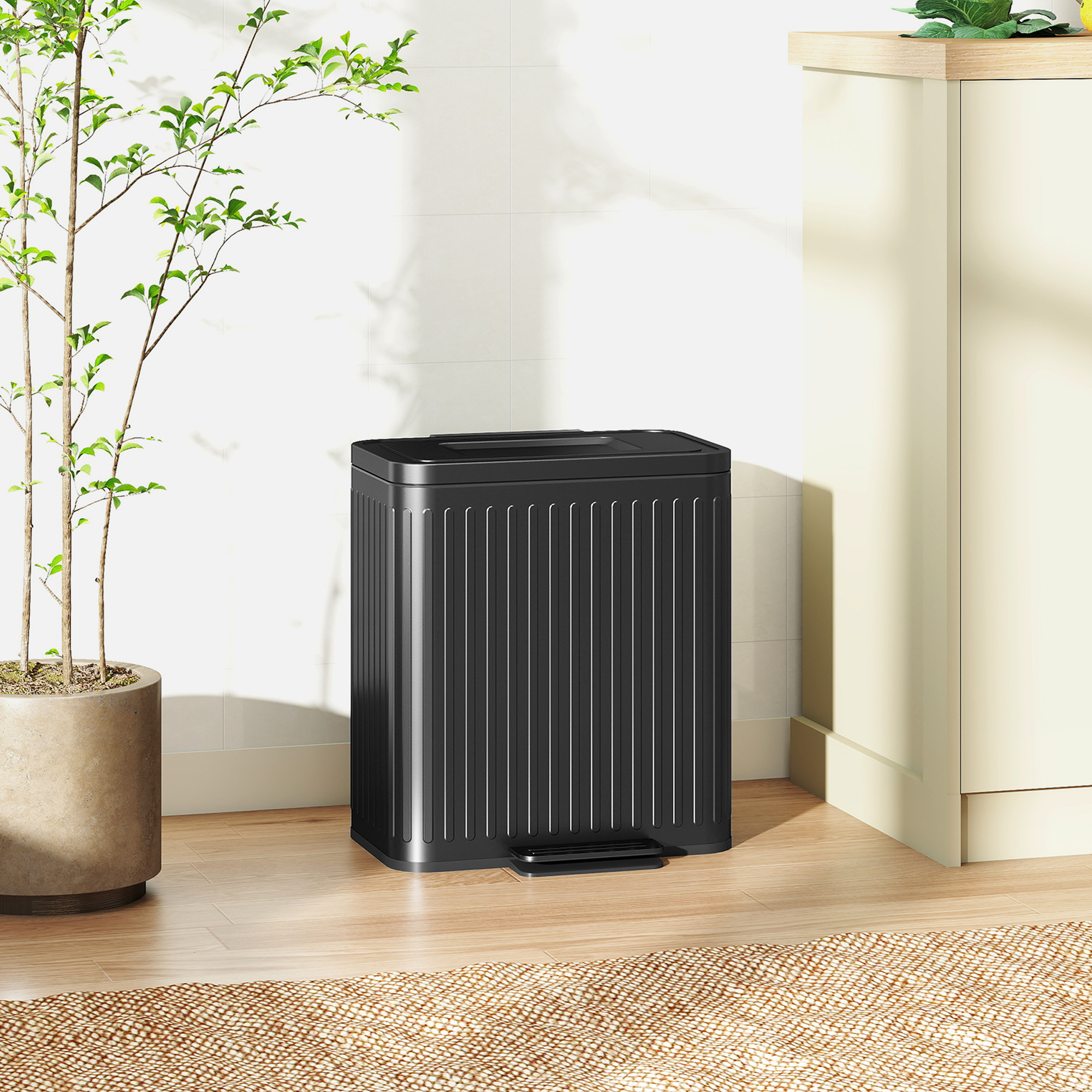 Küchenmülleimer, 2 x 20 L-Fächer, effiziente Mülltrennung, Fußpedal, Kunststoff, Metall, Schwarz