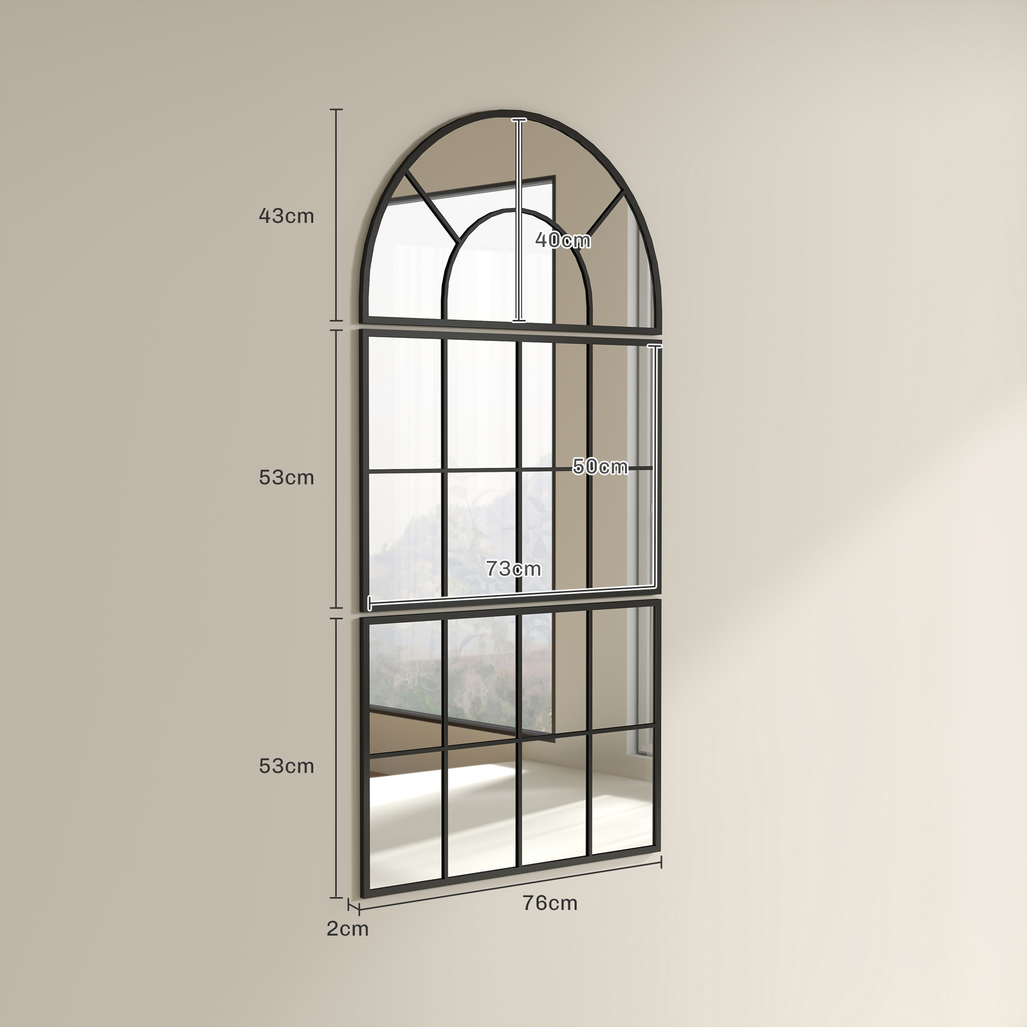 Wandspiegel, Fensterspiegel, dreiteilig, Metallrahmen, 76 x 53 cm, Schwarz