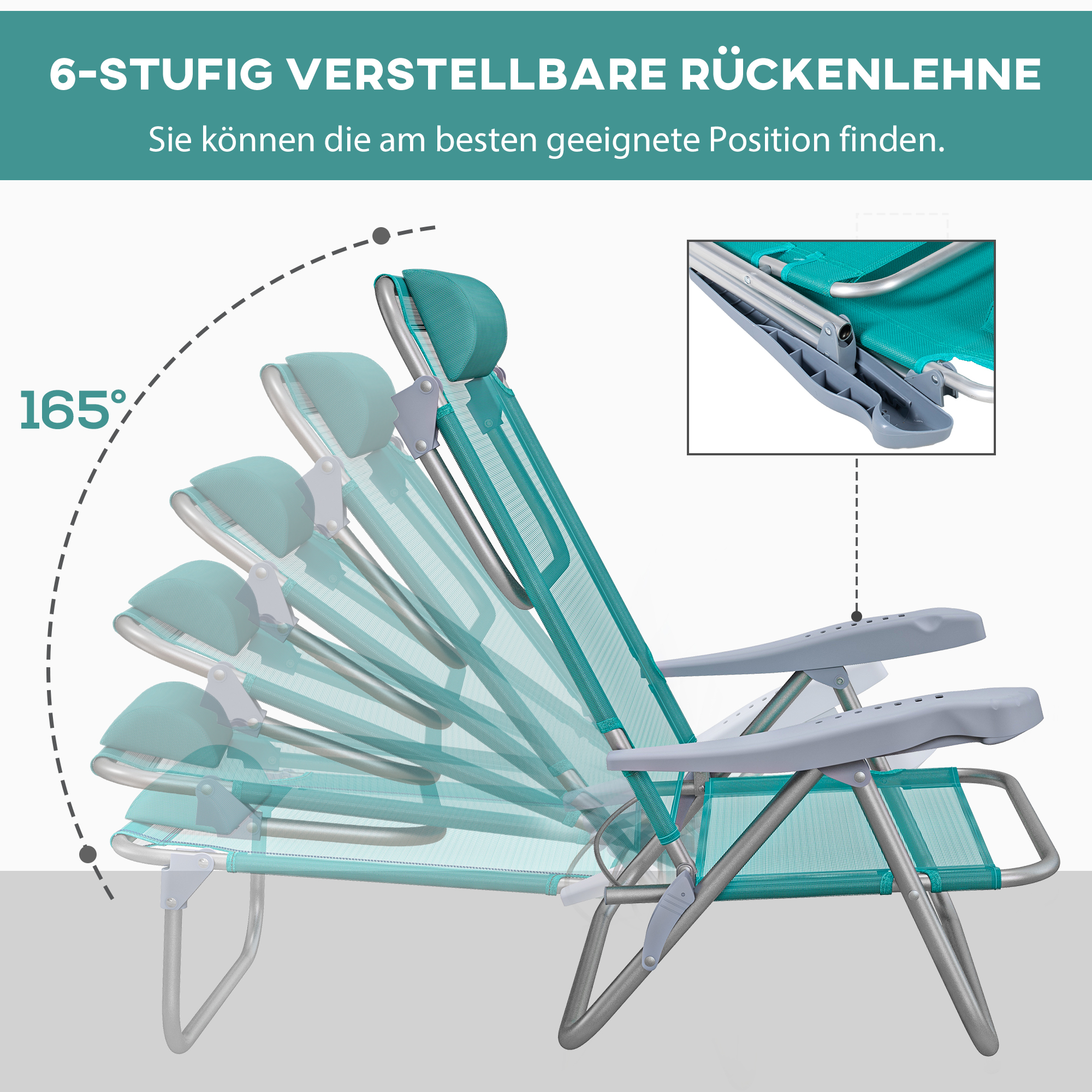 2er Set Campingstühle klappbar Campingstuhl mit 6-fach verstellbarer Netzrückenlehne Kopfstütze 62 x 65 x 80 cm Türkis
