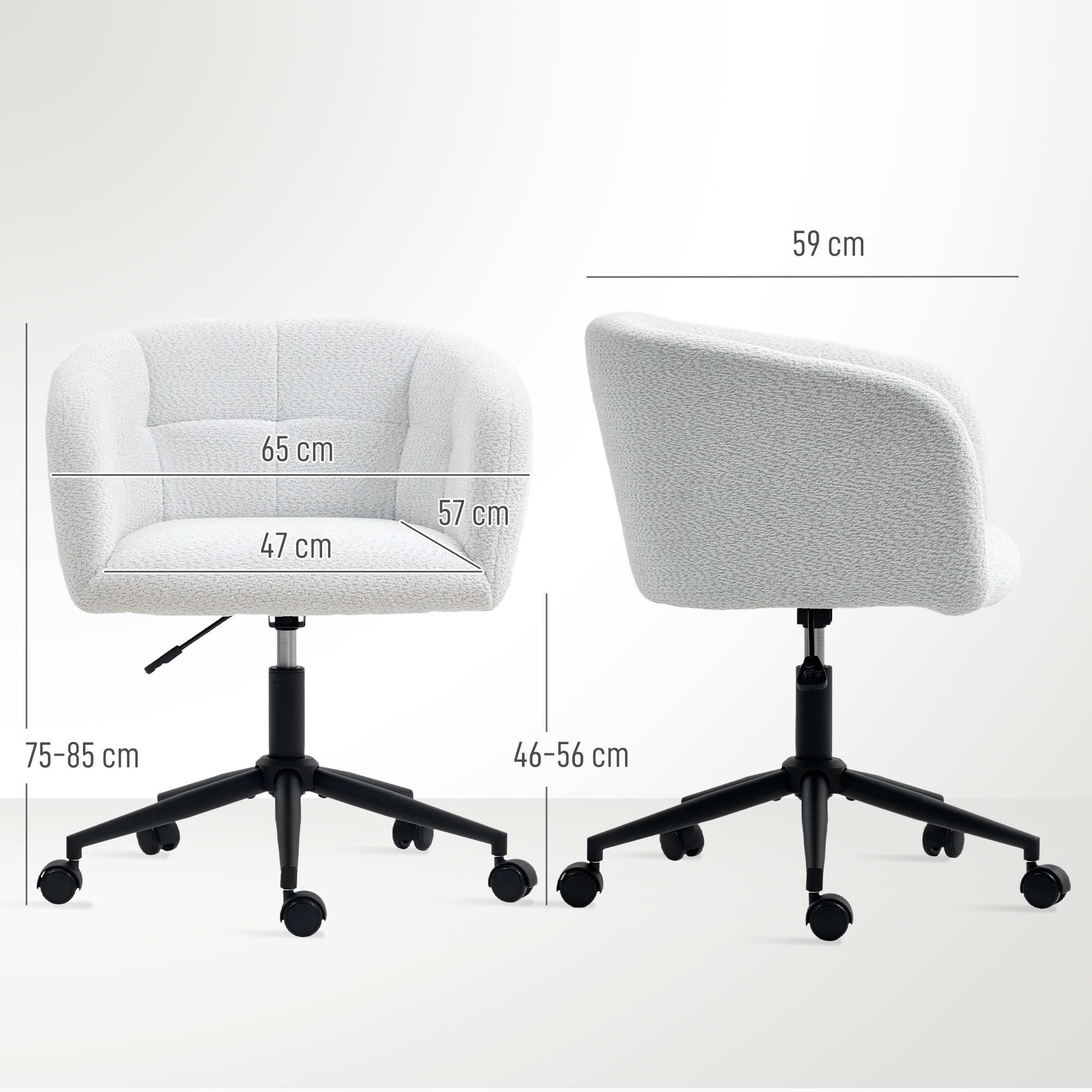 gepolsterter Bürostuhl mit Plüschbezug, Wannen-Design, rollbarer Schreibtischstuhl, Stahlbasis, Creme+Schwarz