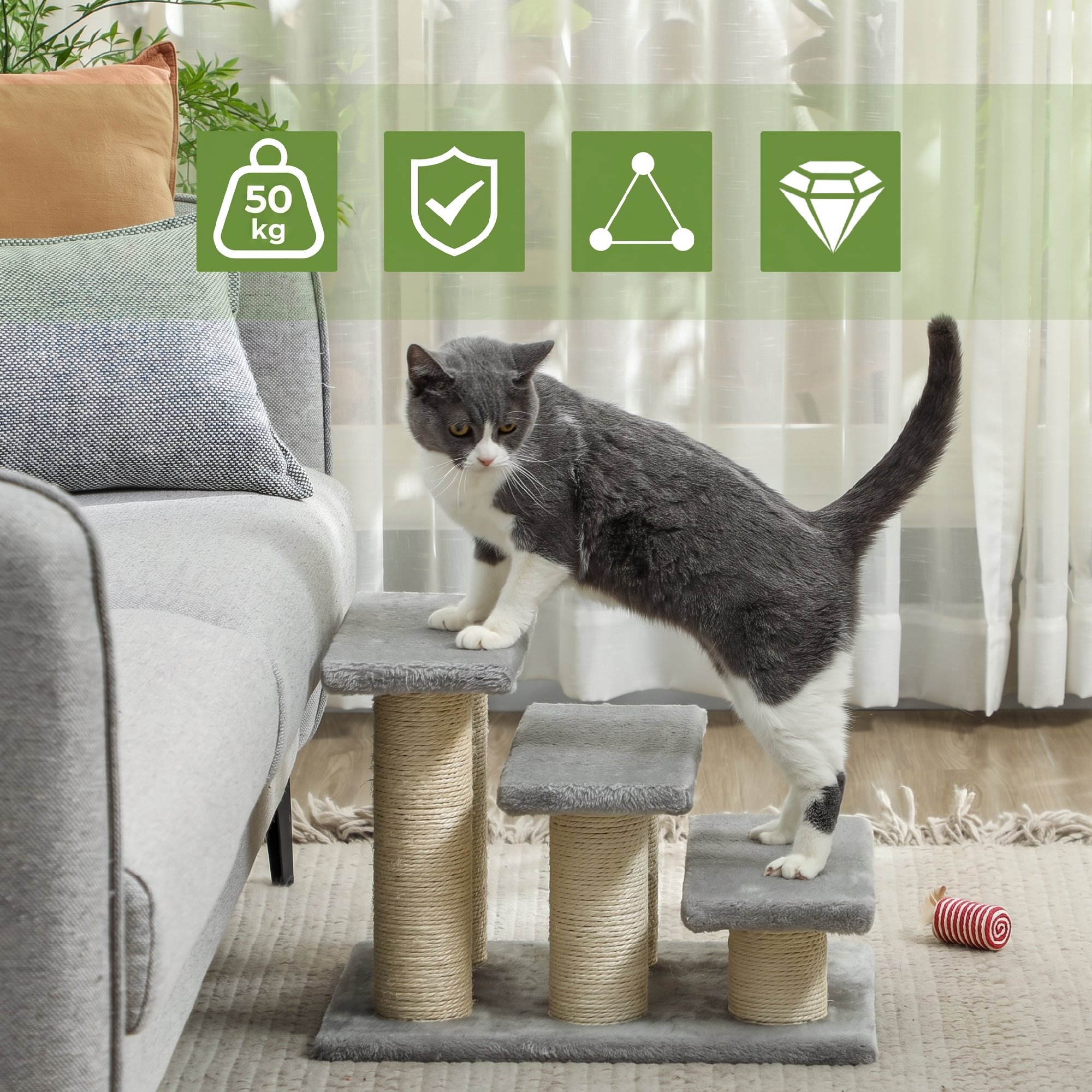 Hundetreppe 3 Stufen 34 cm Hoch Haustiertreppe für Katze Hunde Katzentreppe Einstiegshilfe für Bett, Sofa, Couch Grau
