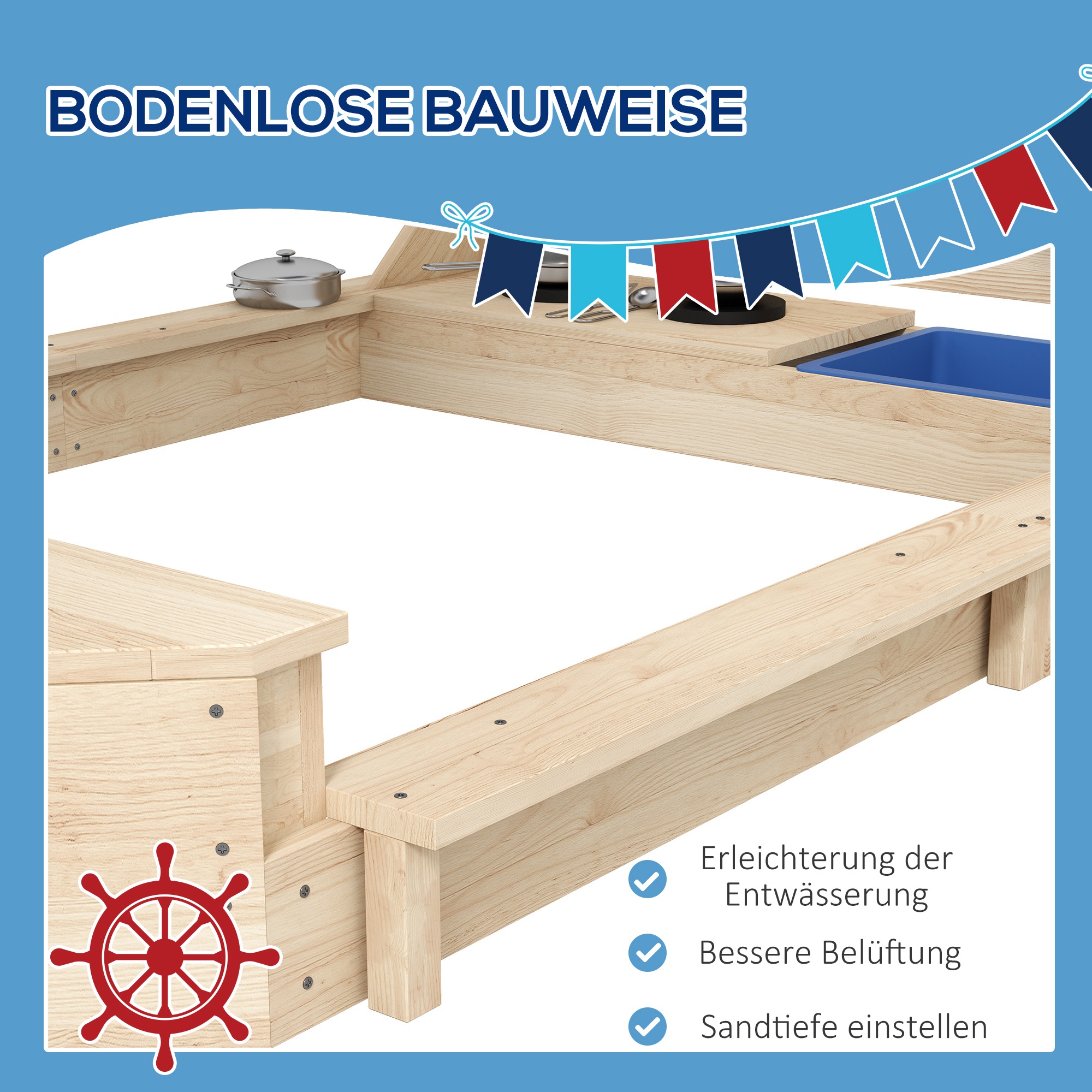 Sandkasten mit Sonnendach Piratenschiff, inkl. Kinderküchenspielset, Massivholz, 180 x 103 x 144,5 cm, Natur + Blau