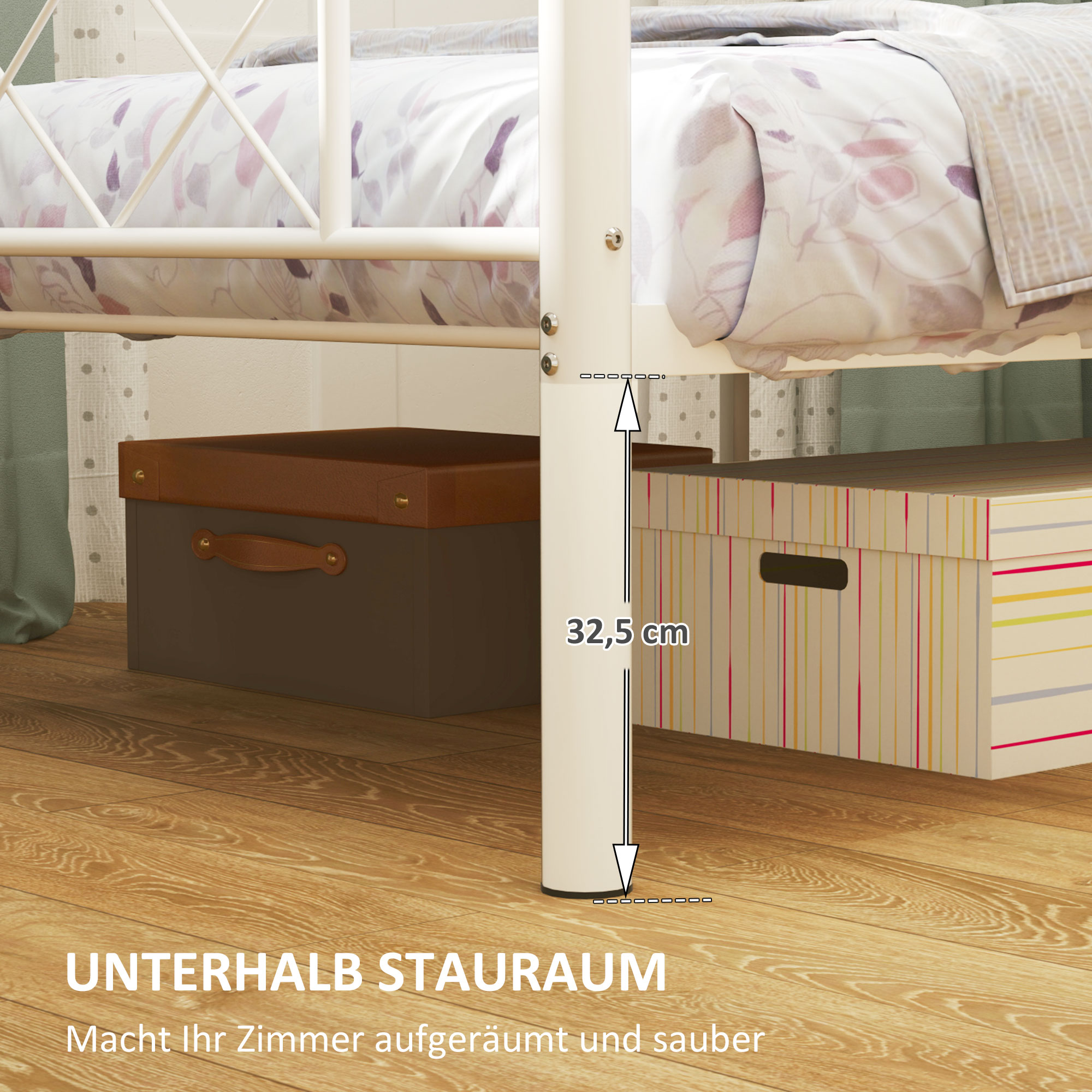 Einzelbettgestell mit hohem Kopfteil, Leichte Montage, Stauraum unter dem Bett, Stahl, Weiß