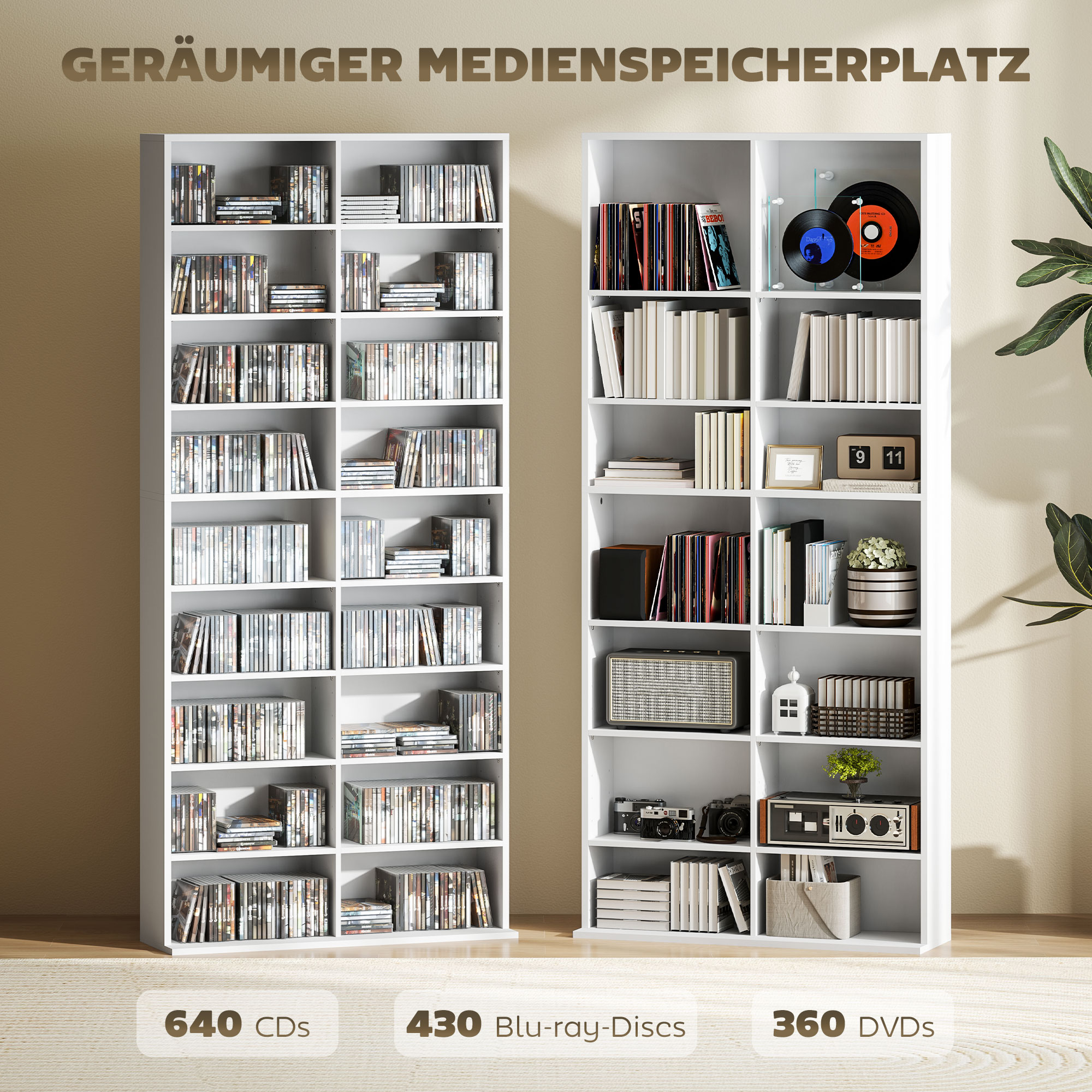 DVD-Regal, CD-Aufbewahrungsregal, 14 anpassbare Regale, 18 Fächer, 175 cm, Blu-ray-Regal, Spanplatte, Weiß
