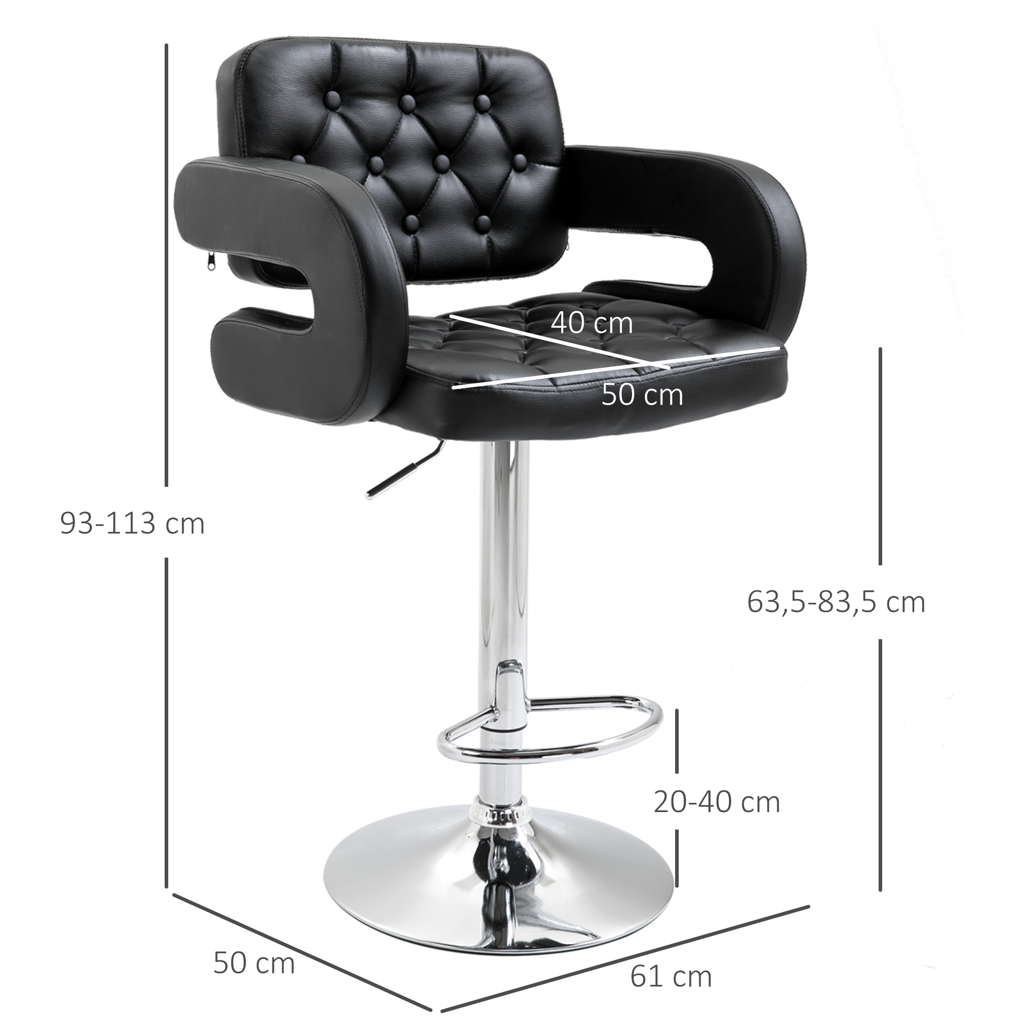 Barhocker, Höhenverstellbar 360° Drehbar Barstuhl mit Metallgestell, Lehne, Fußstütze, 61x50x93-113 cm, Schwarz