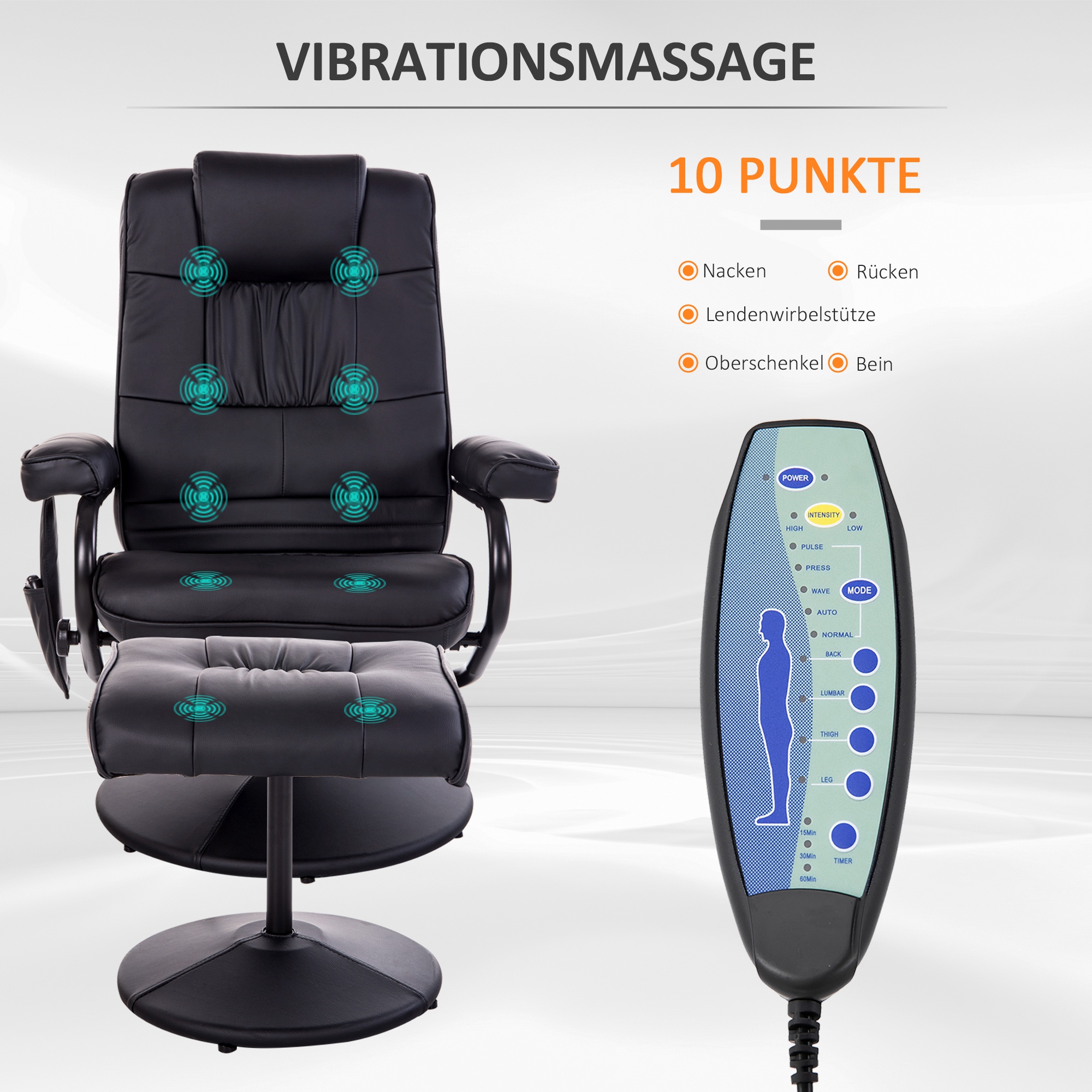 Massagesessel mit Hocker, Drehbares Relaxsessel mit Massagefunktion, Fernsehsessel mit Liegefunktion, Fernbedienung für Wohnzimmer, Kunstleder, Schwarz
