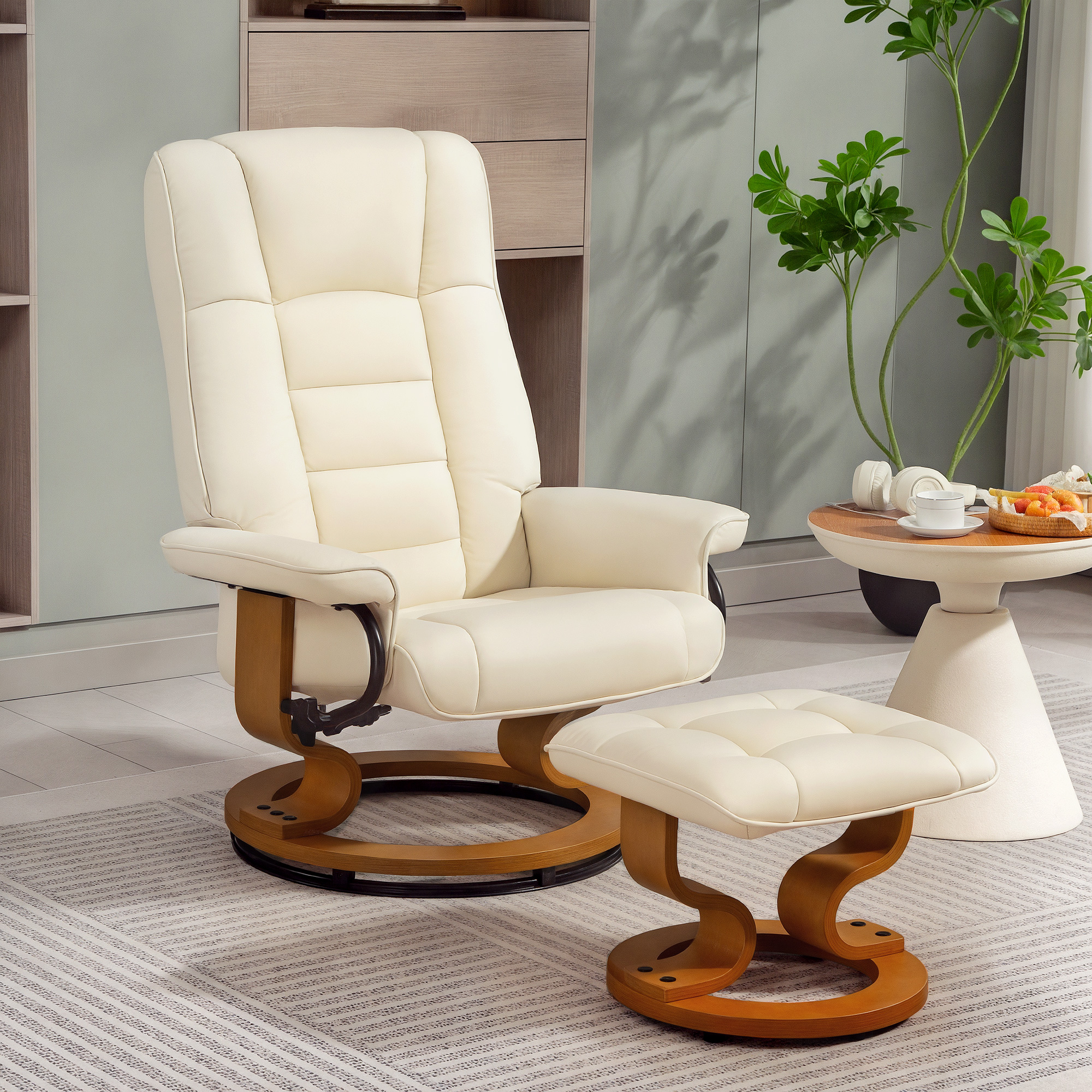 Relaxsessel mit Hocker, drehbar & neigbar, Kunstlederbezug, bis 150 kg, Holzgestell, Cremeweiß