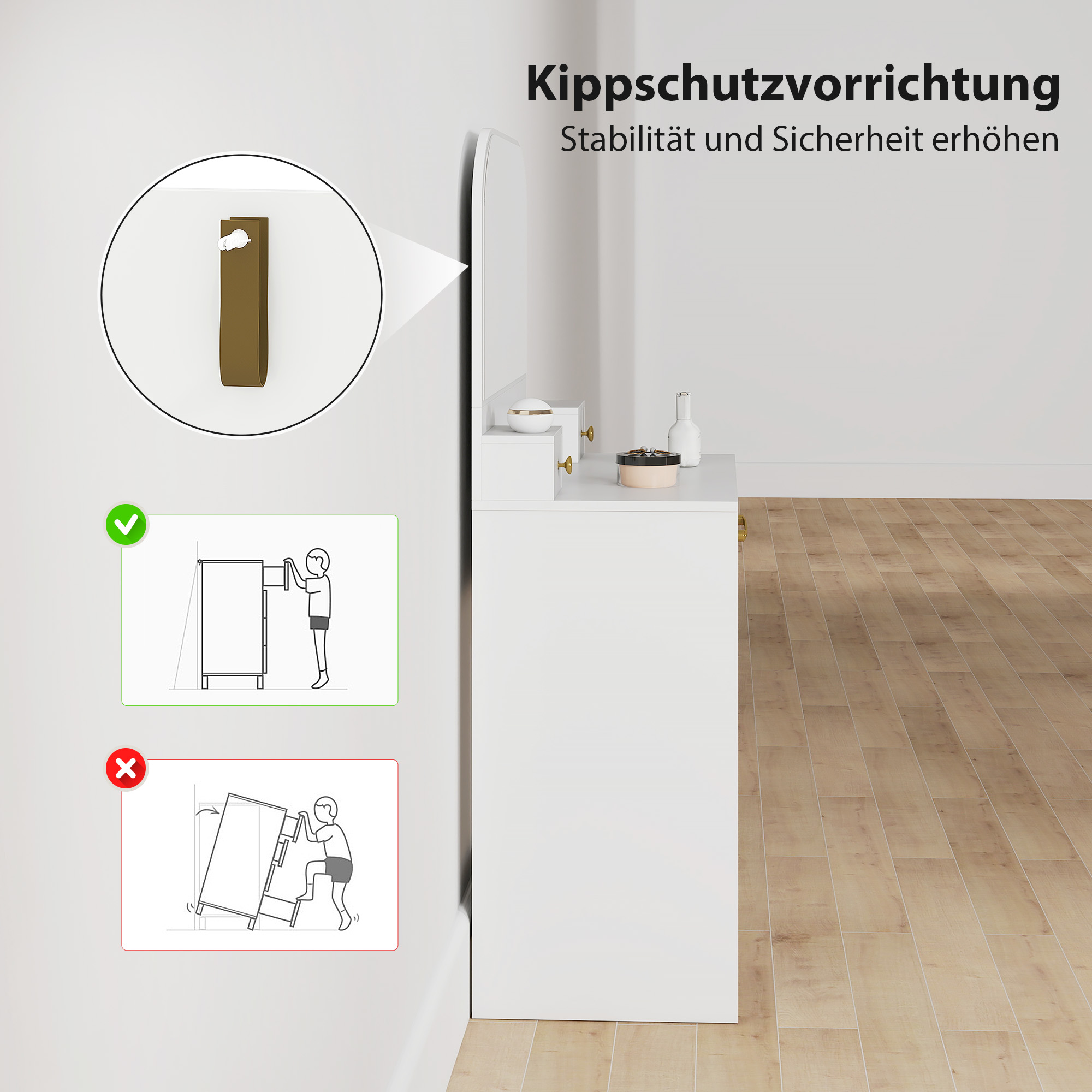 Schminktisch mit Spiegel, Kompakter Schminktisch mit 3 Schubladen, Weiß