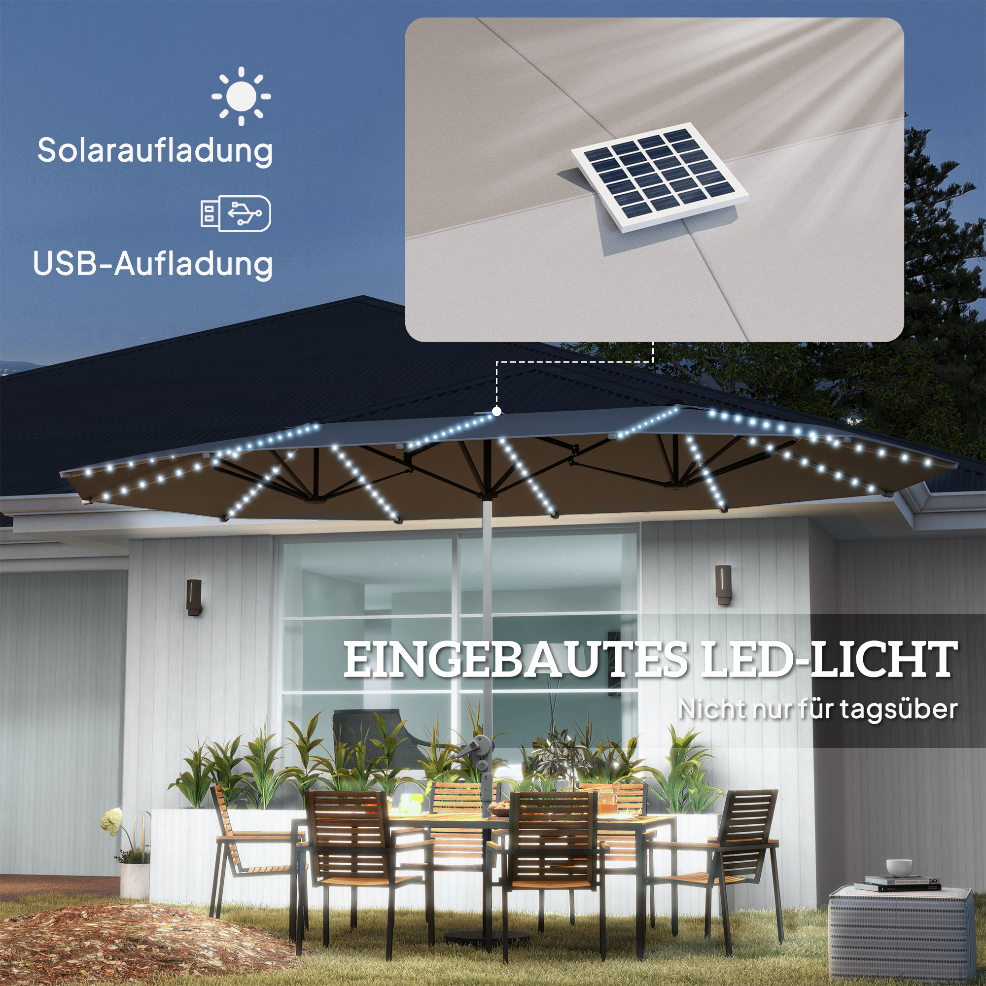 Doppelschirm mit Solar-Lichtern, Aluminium, Polyester, UPF50+ Schutz, UV-beständig, Terrassenschirm, Dunkelgrau