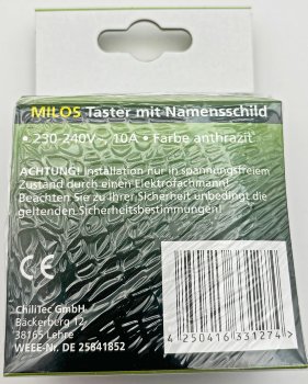 MILOS Taster mit Namensschild, Anthrazit / 0-250V~/ 10A, inkl. Rahmen, UP
